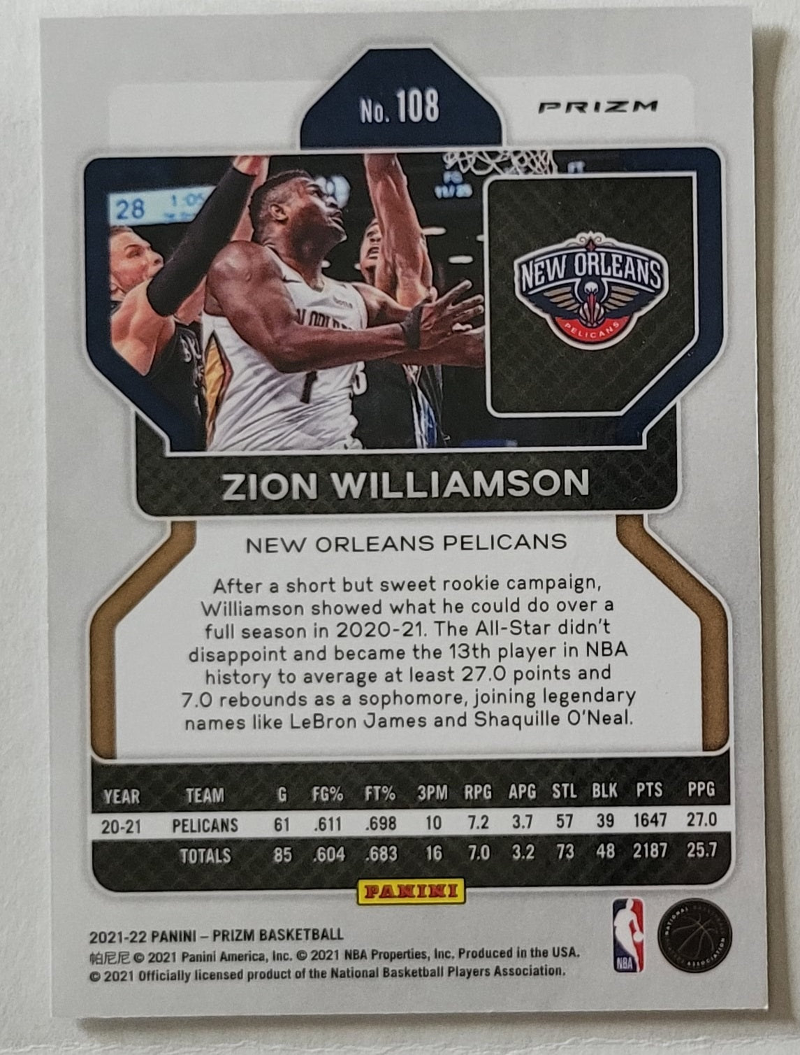 Zion Williamson - 2021-22 Panini Prizm Prizms Silver #108