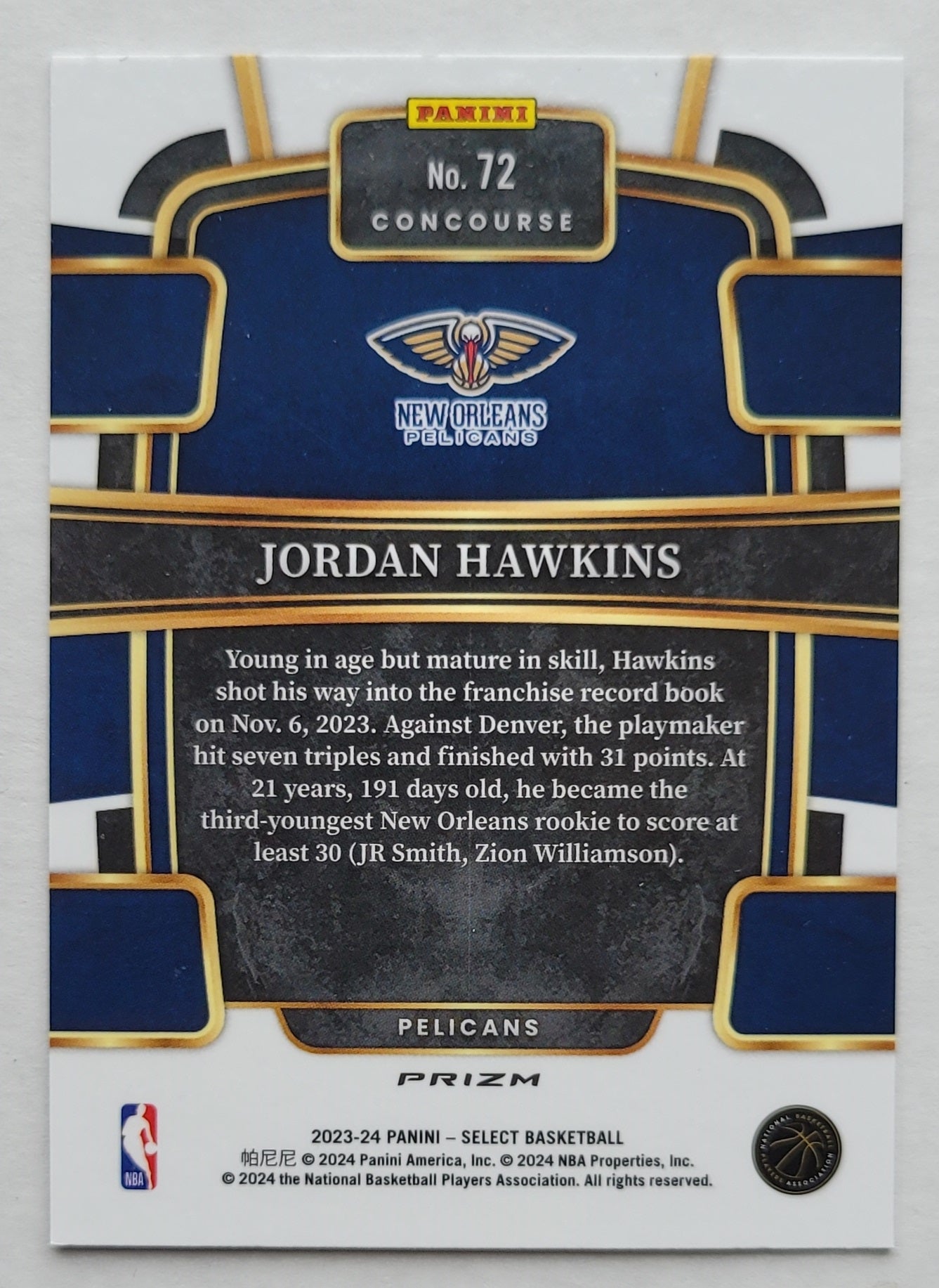 Jordan Hawkins - 2023-24 Select Prizms Green White Purple #72 RC