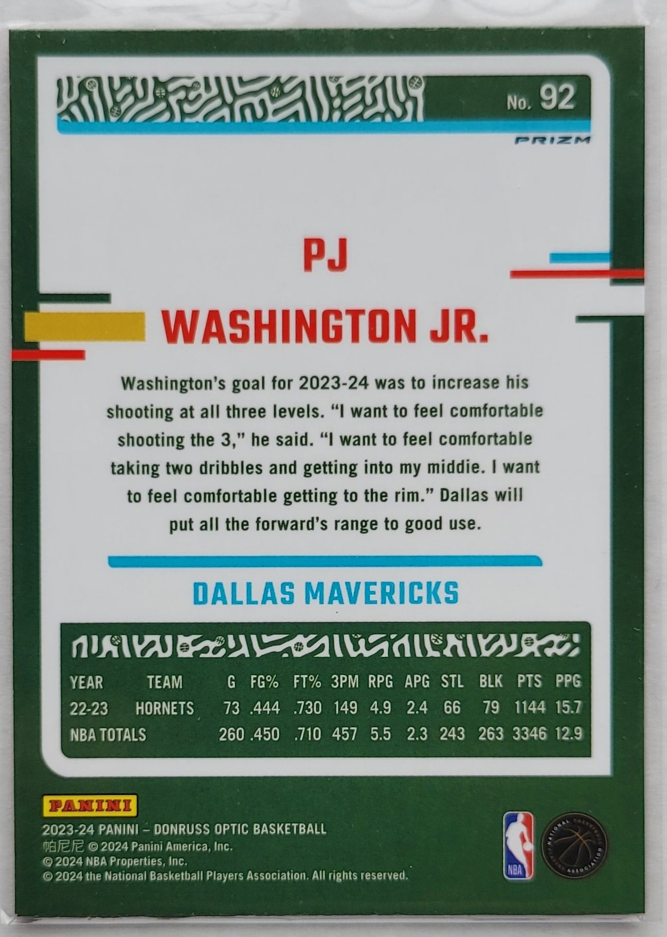 P.J. Washington Jr. - 2023-24 Donruss Optic Hyper Pink #92