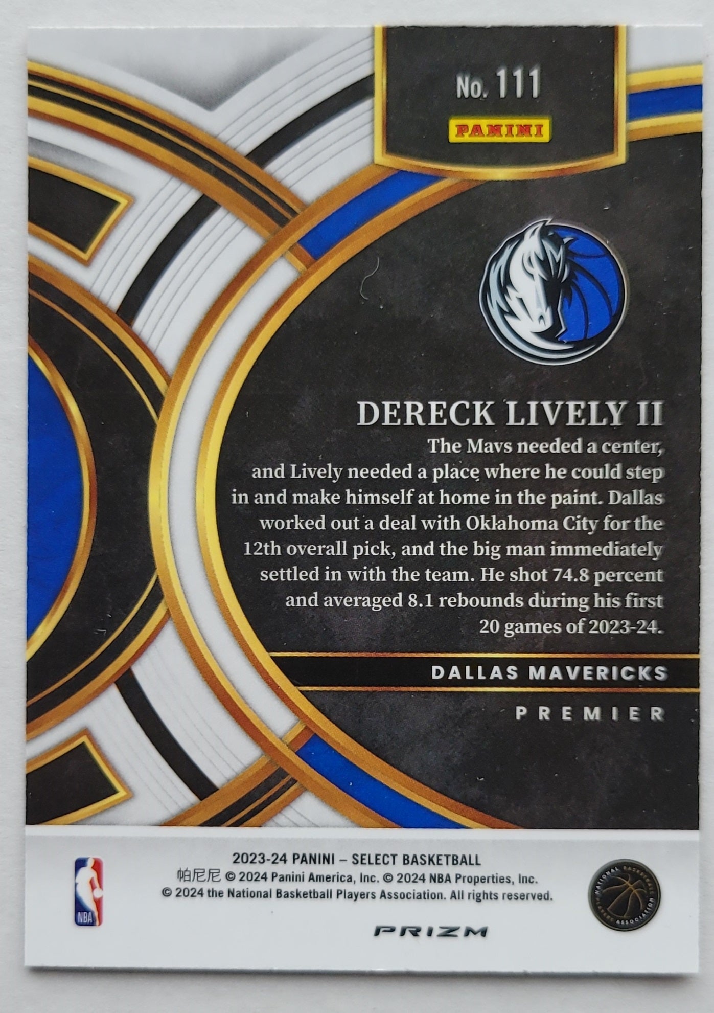 Dereck Lively II - 2023-24 Select Prizms Blue Cracked Ice #111 RC