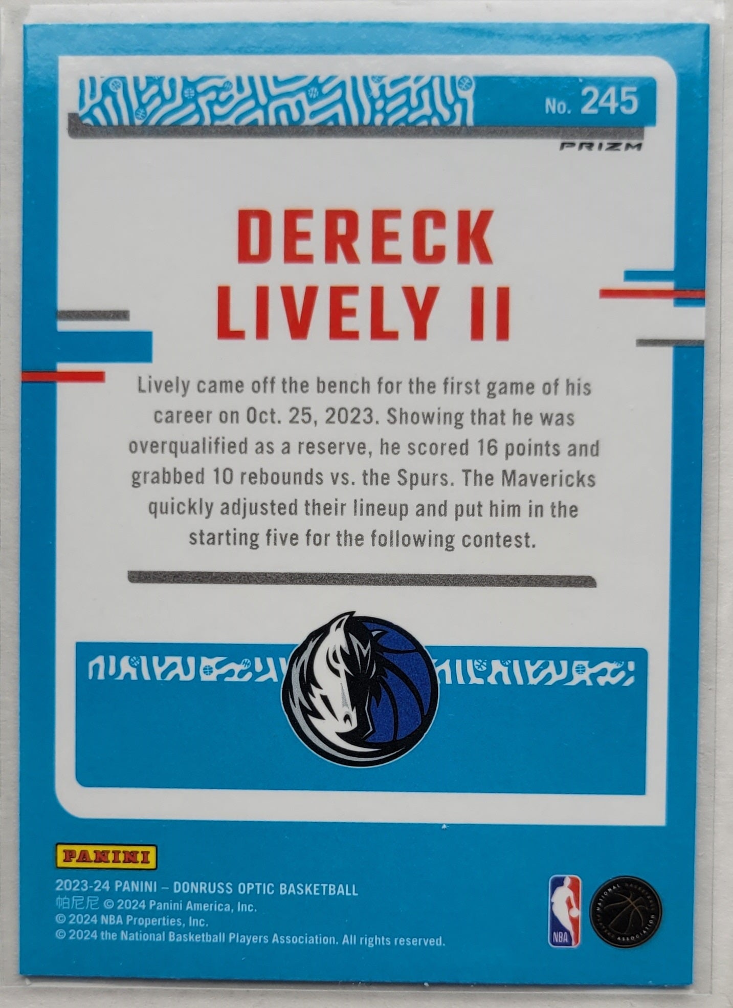 Dereck Lively II - 2023-24 Donruss Optic Holo #245 RR RC