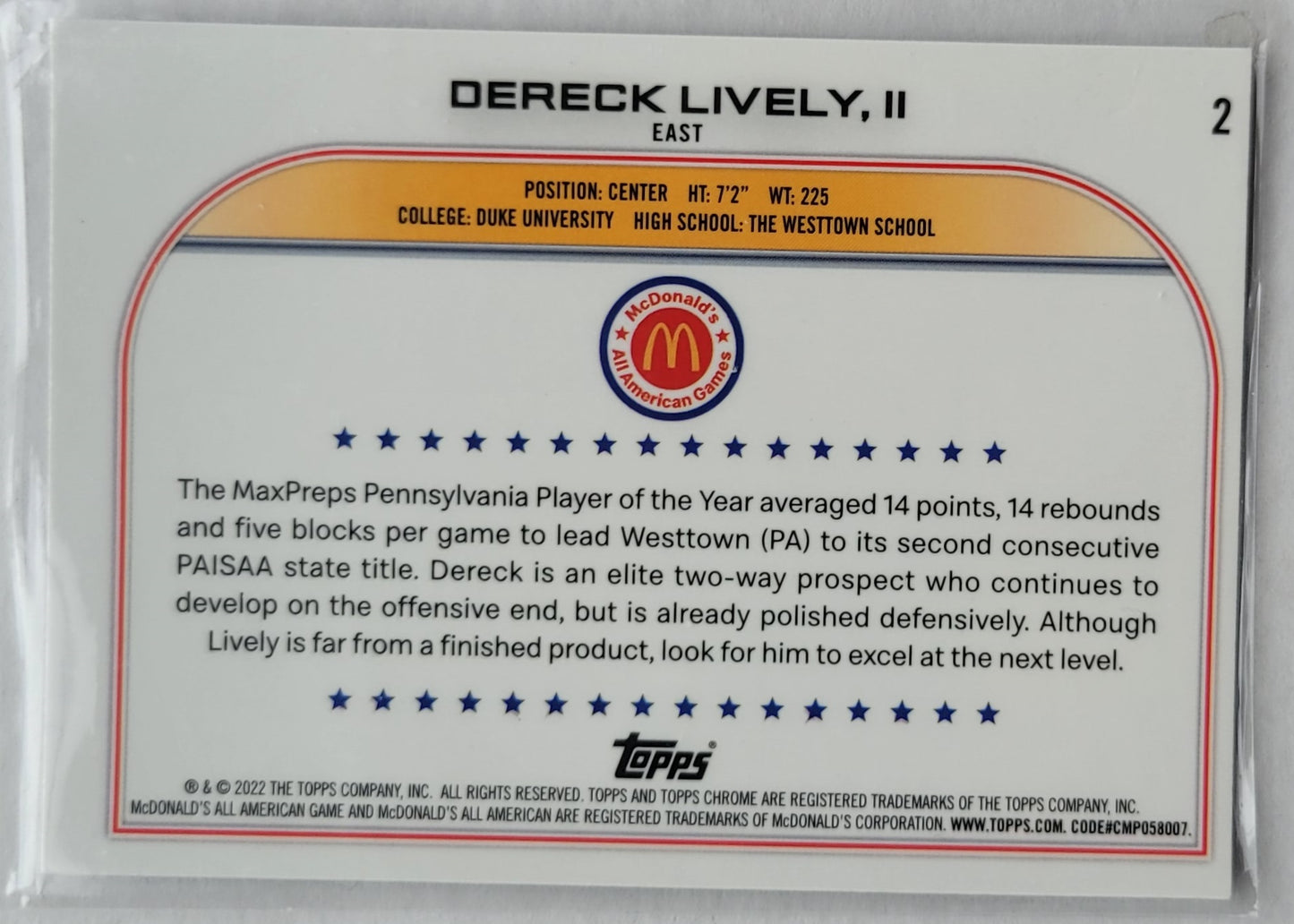 Dereck Lively II - 2022 Topps Chrome McDonald's All American RayWave Refractors #2 RC