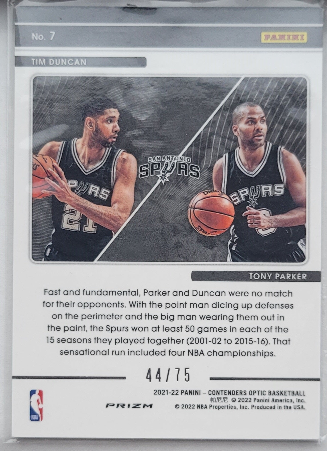 Tony Parker / Tim Duncan - 2021-22 Panini Contenders Optic Legendary Tandems Blue Cracked Ice #7 - 44/75