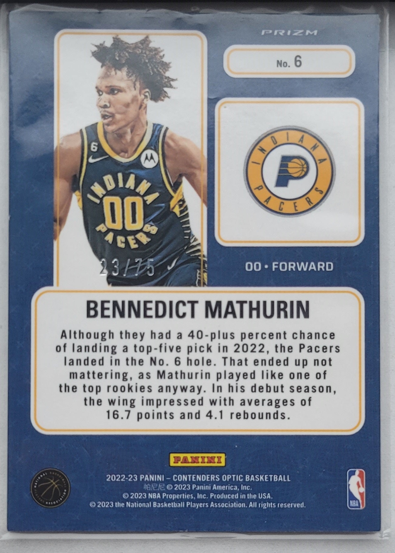 Bennedict Mathurin - 2022-23 Panini Contenders Optic Lottery Ticket Blue Cracked Ice #6 - 23/75