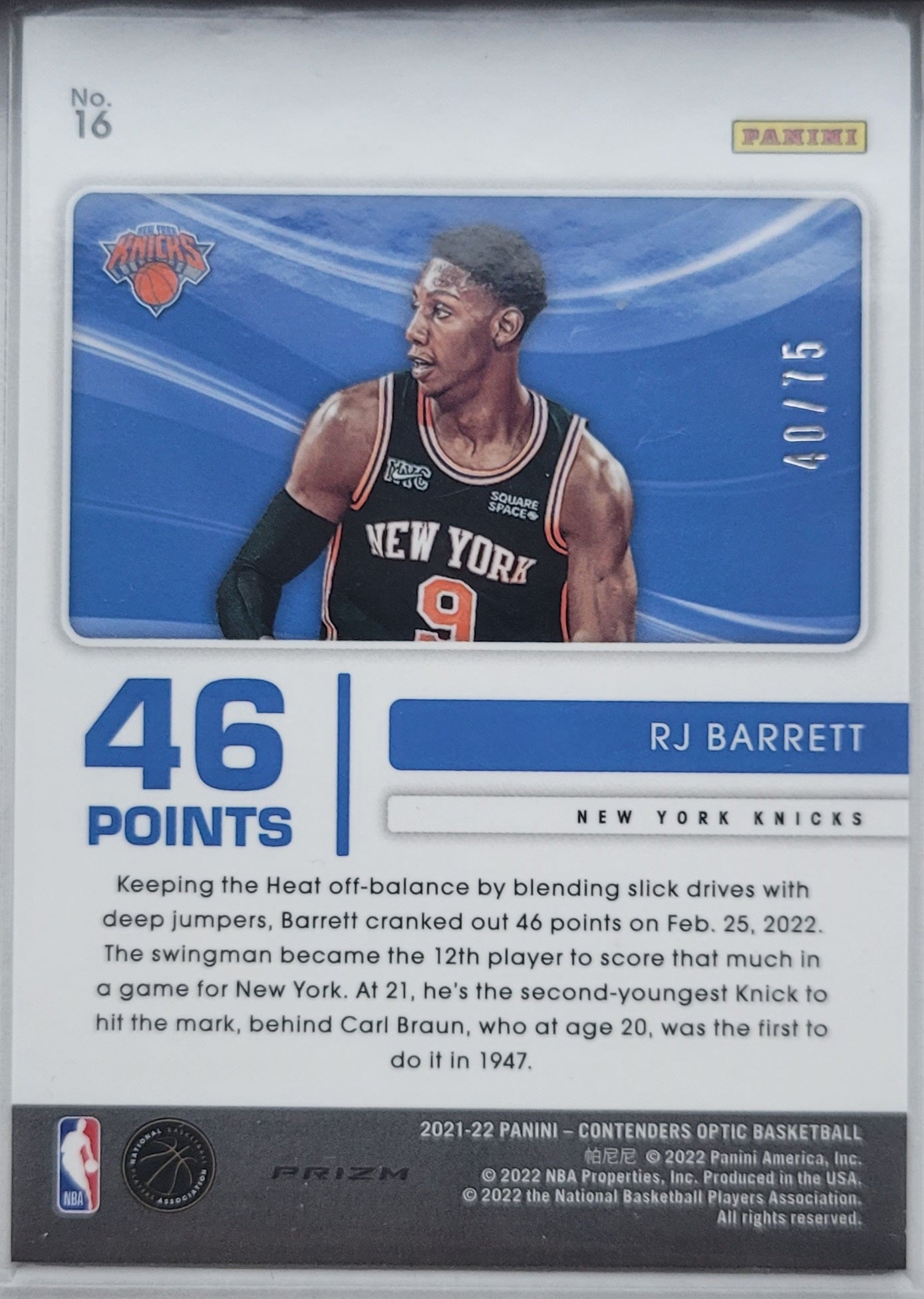 RJ Barrett - 2021-22 Panini Contenders Optic Playing the Numbers Game Blue Cracked Ice #16 - 40/75