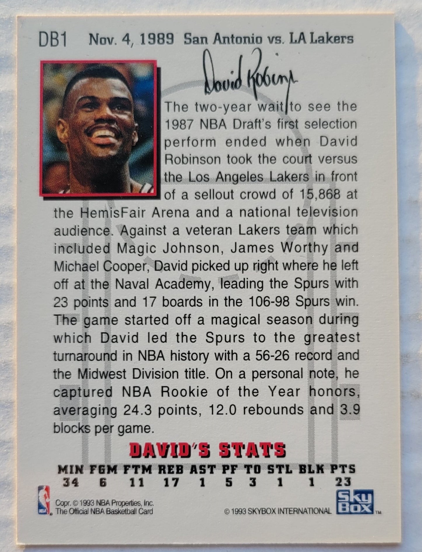 David Robinson - 1993-94 Hoops David's Best #DB1