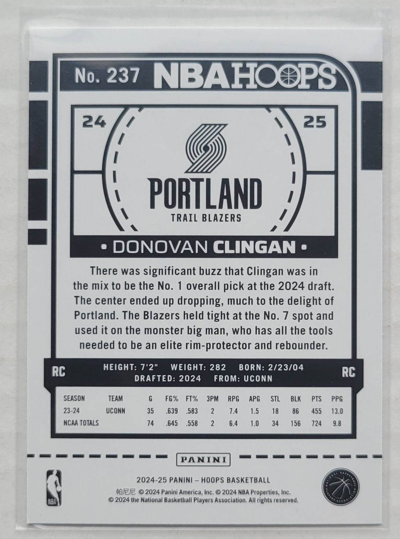 Donovan Clingan - 2024-25 Hoops #237 RC