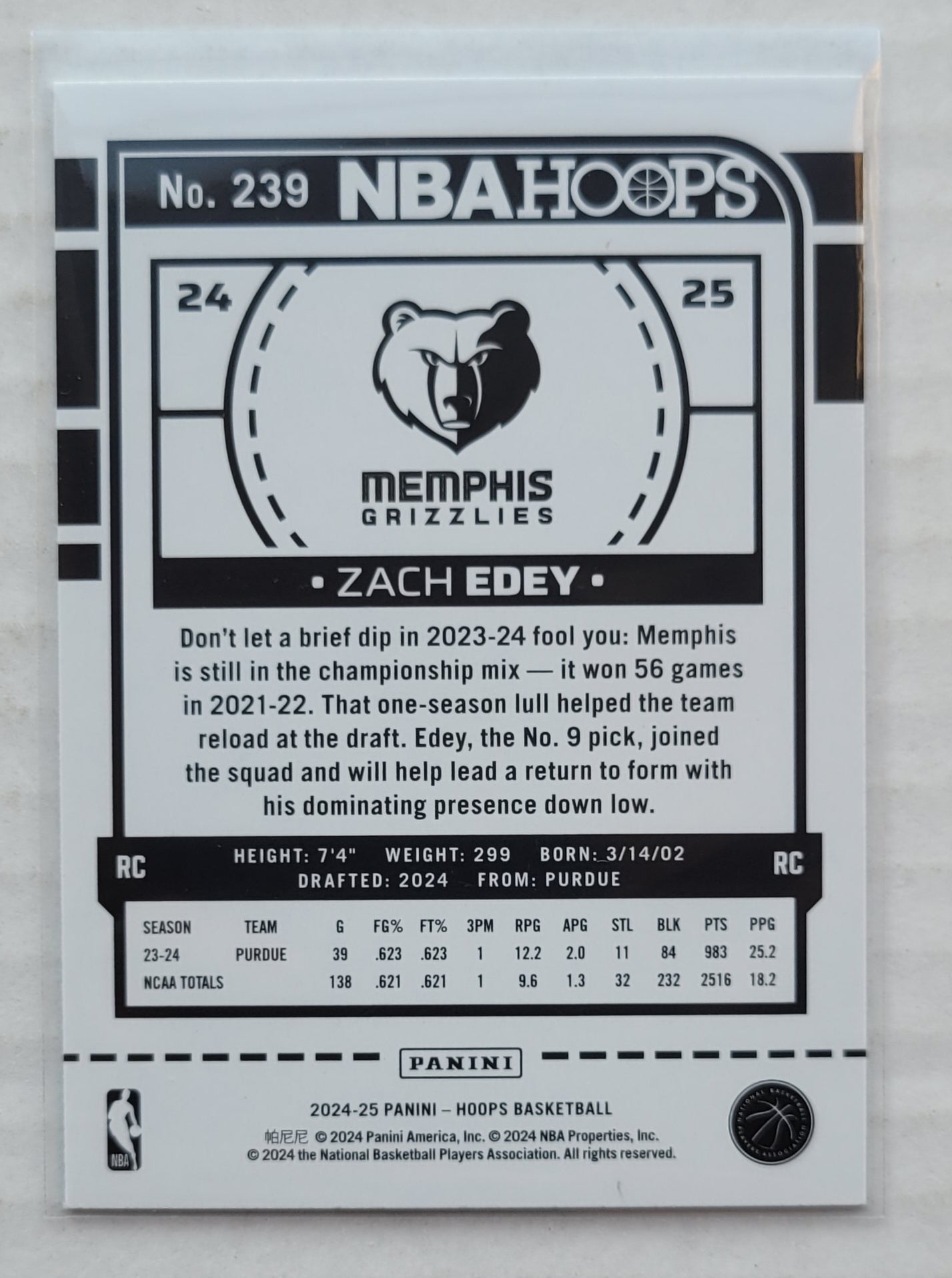 Zach Edey - 2024-25 Hoops #239 RC