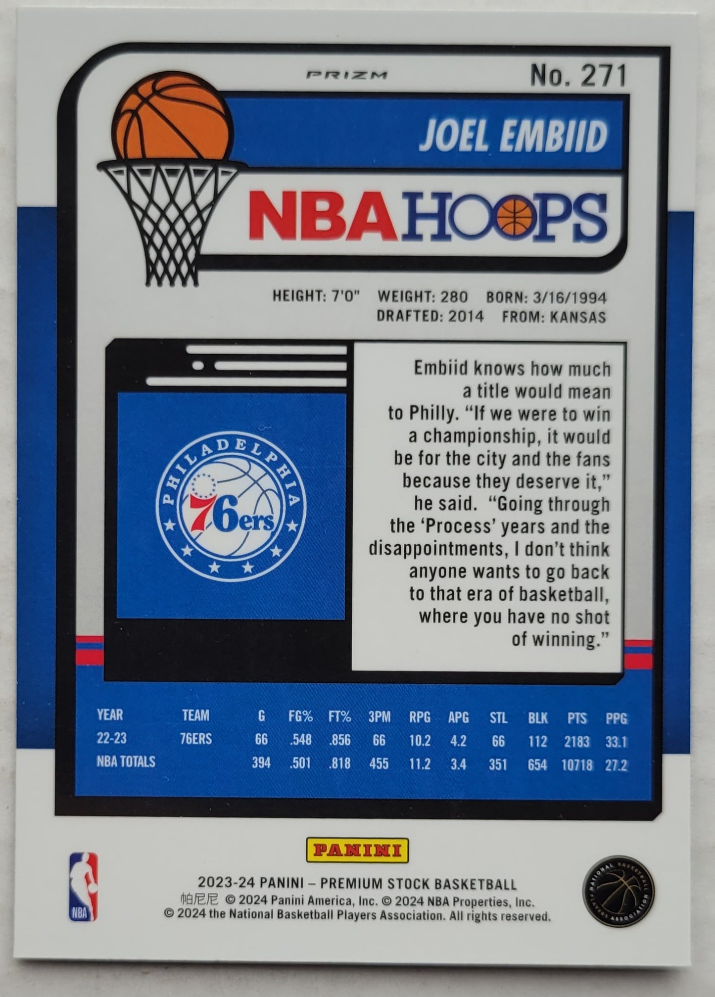 Joel Embiid - 2023-24 Hoops Premium Stock Ice Prizm #271