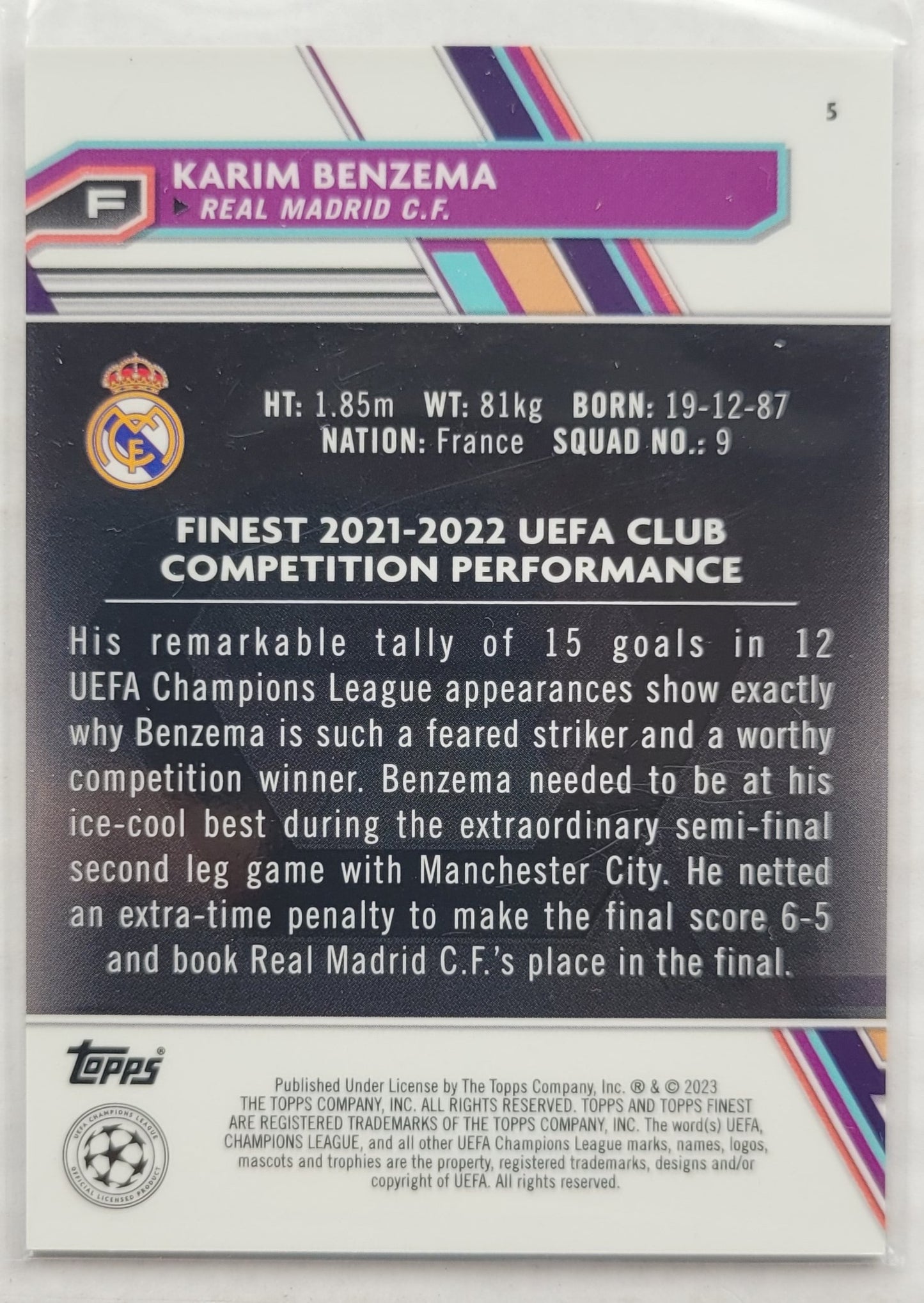 Karim Benzema - 2022-23 Finest UEFA Club Competitions Purple Refractors #5 - 201/299