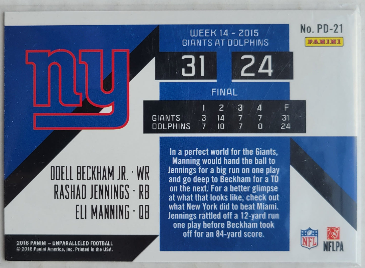 Eli Manning / Odell Beckham Jr. / Rashad Jennings - 2016 Panini Unparalleled Pivotal Drive #PD21