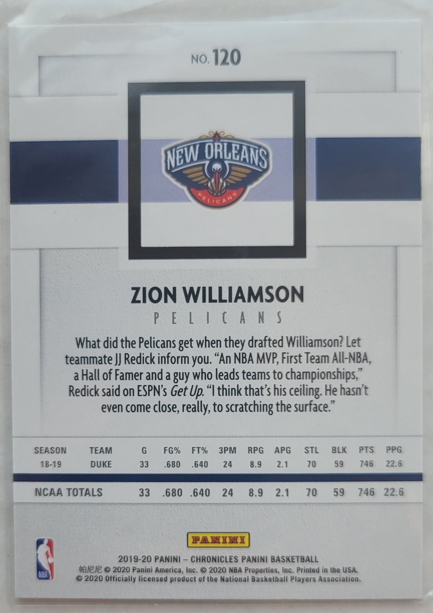 Zion Williamson - 2019-20 Panini Chronicles #120 Panini RC
