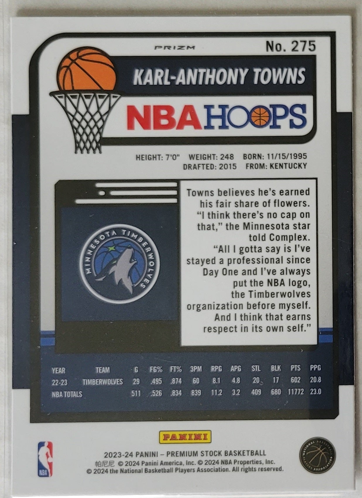 Karl-Anthony Towns - 2023-24 Hoops Premium Stock Ice Prizm #275