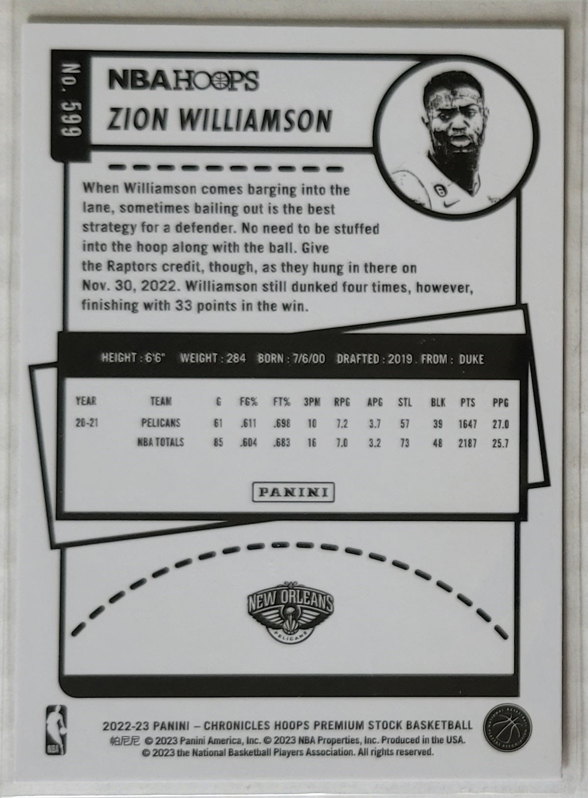 Zion Williamson - 2022-23 Panini Chronicles #599 Hoops Premium Stock