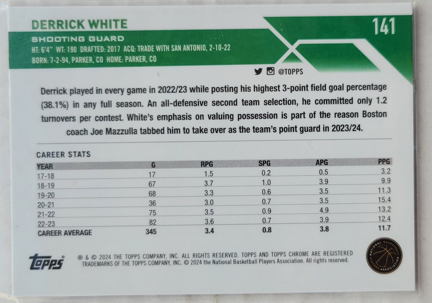 Derrick White - 2023-24 Topps Chrome Pink Refractors #141