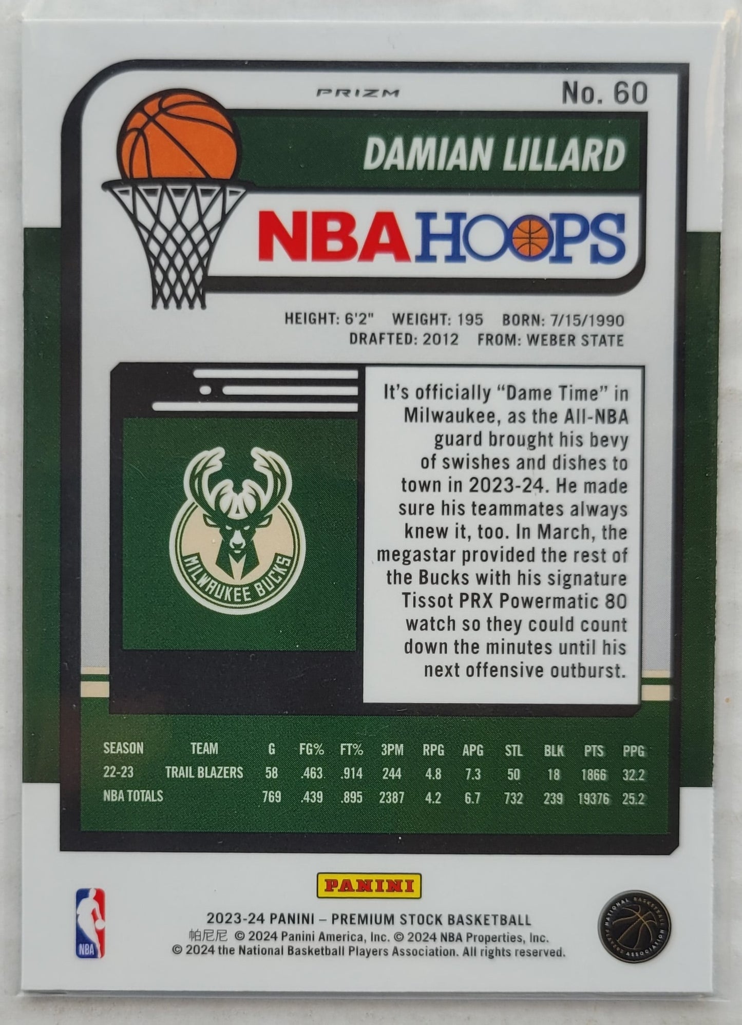 Damian Lillard - 2023-24 Hoops Premium Stock Silver Prizm #60