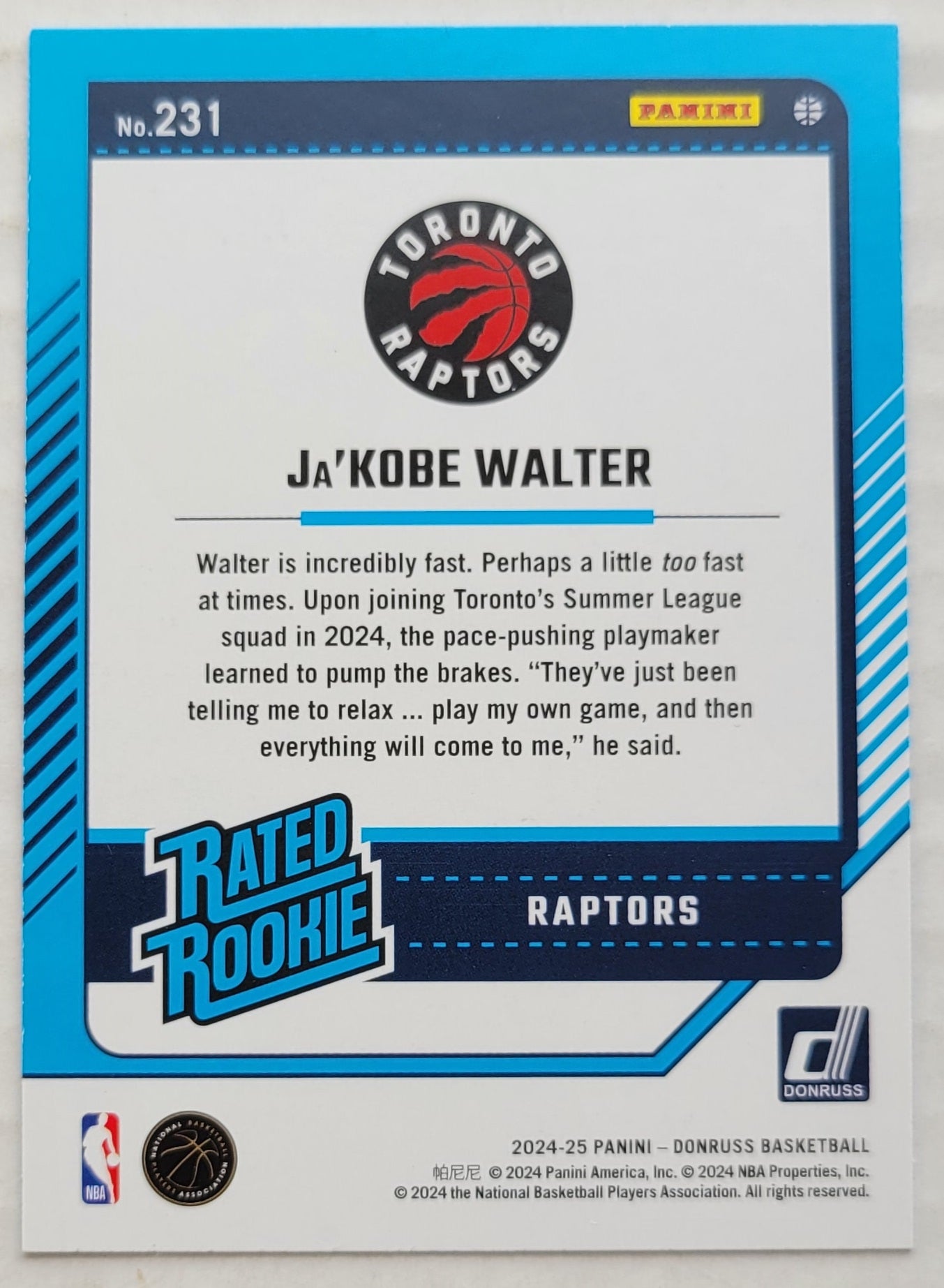 Ja'Kobe Walter - 2024-25 Donruss Holo Green Laser #231 RR RC