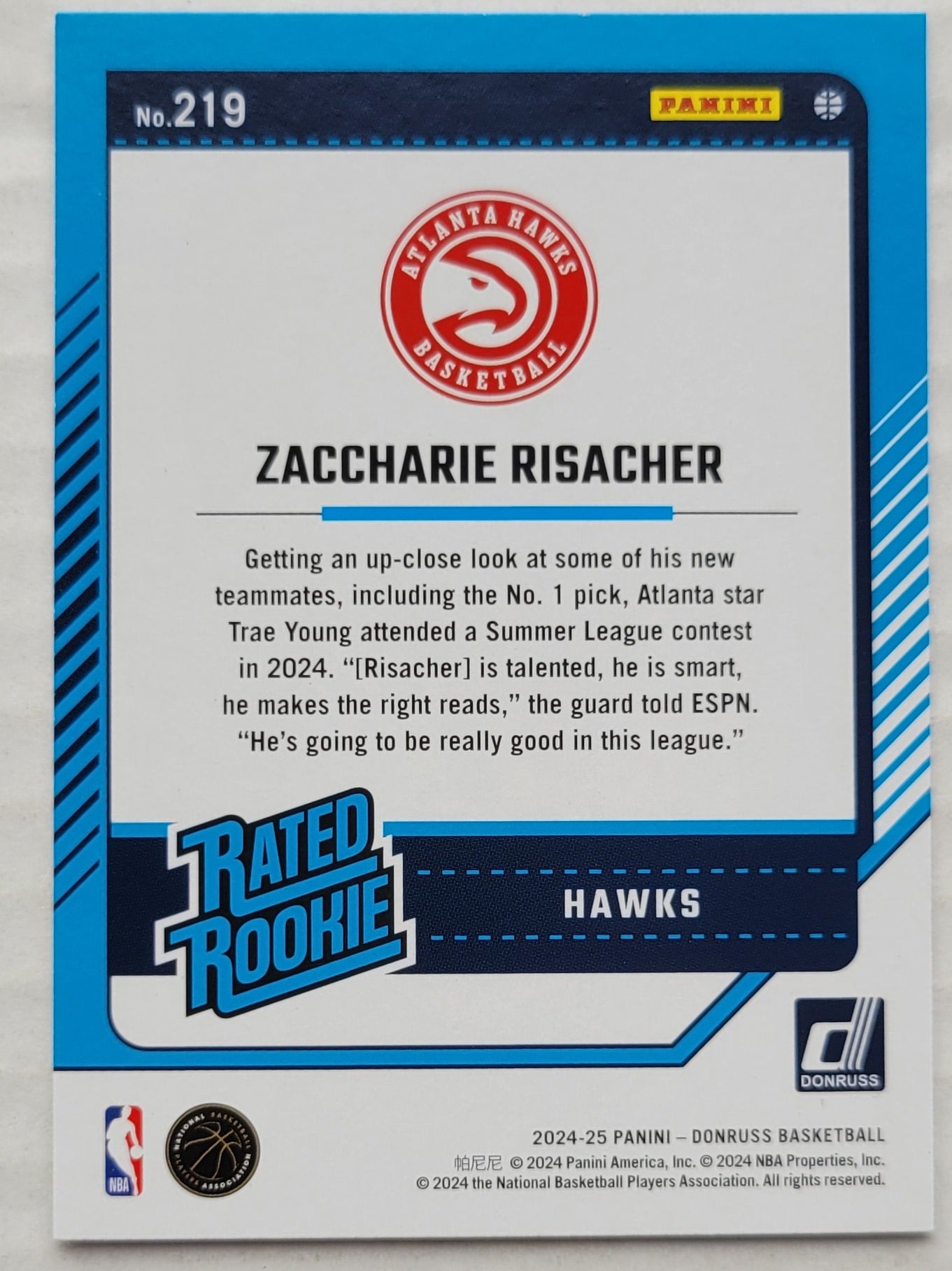 Zaccharie Risacher - 2024-25 Donruss #219 RR RC