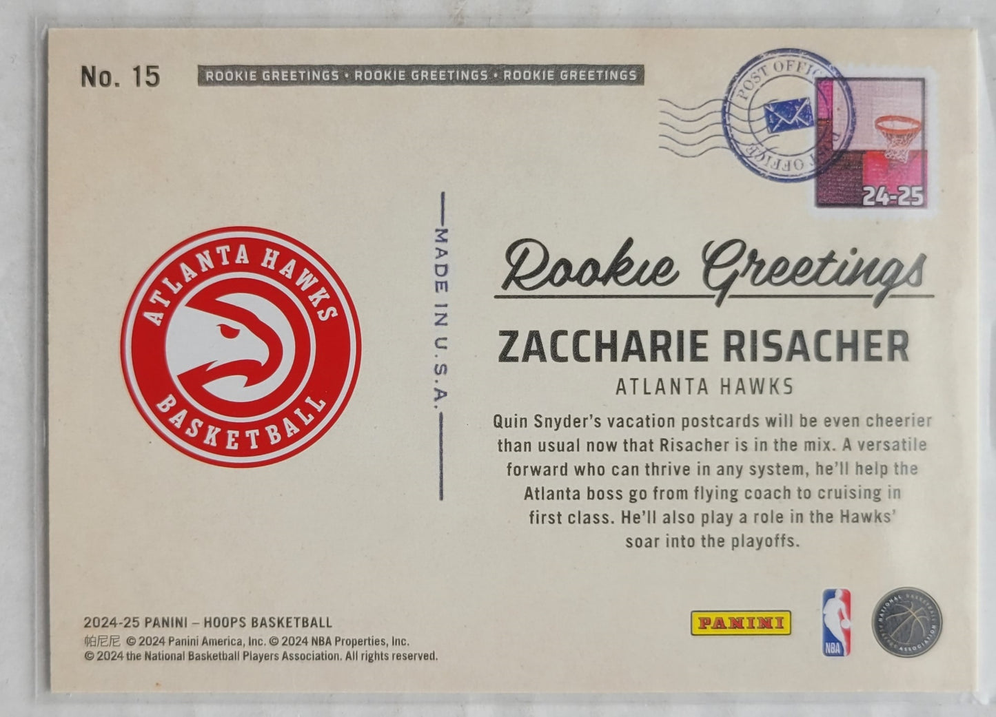 Zaccharie Risacher - 2024-25 Hoops Rookie Greetings Winter #15