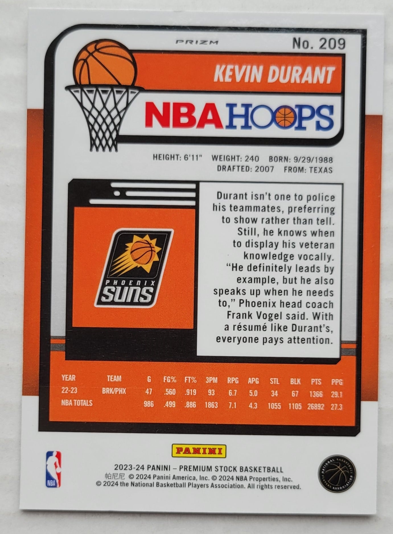 Kevin Durant - 2023-24 Hoops Premium Stock Premium #209