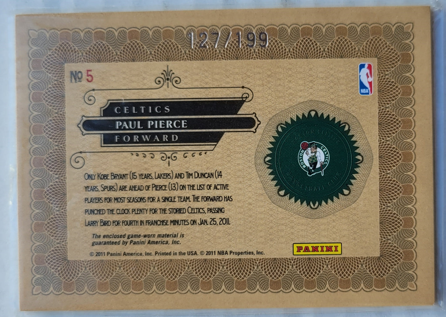 Paul Pierce - 2010-11 Panini Gold Standard Gold Nuggets Materials #5 - 127/199