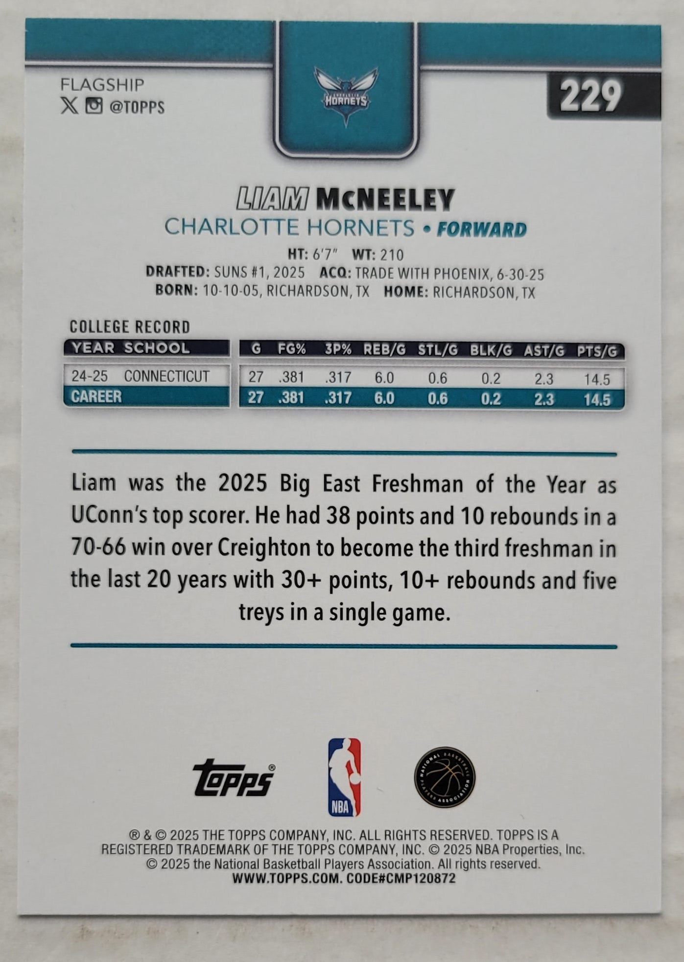 Liam McNeeley - 2025-26 Topps #229 RC