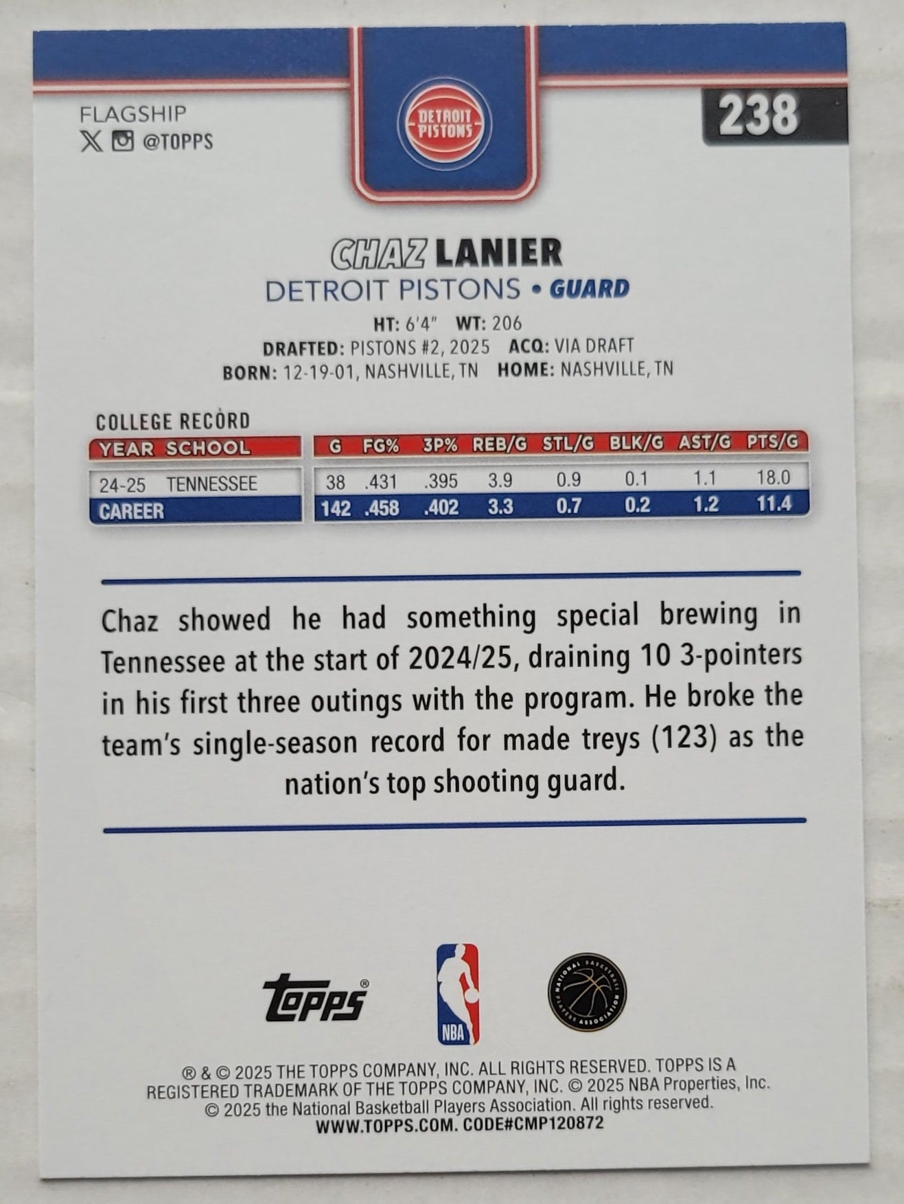 Chaz Lanier - 2025-26 Topps #238 RC