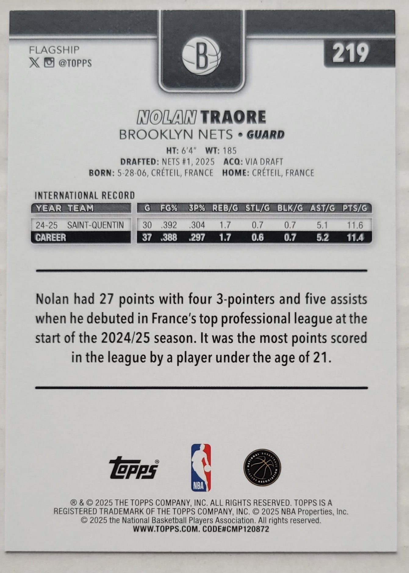 Nolan Traore - 2025-26 Topps #219 RC