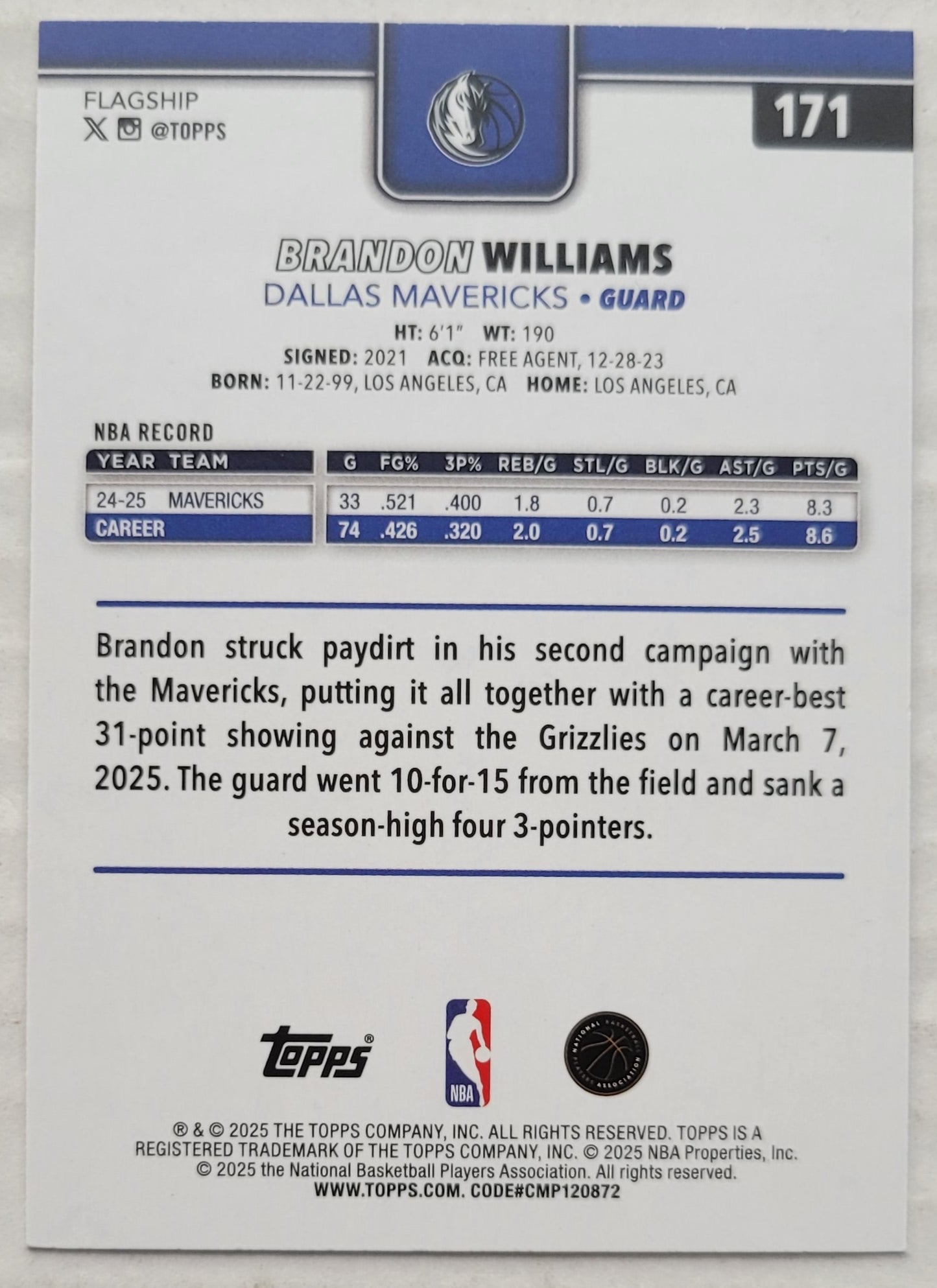 Brandon Williams - 2025-26 Topps Gold #171 - 1862/2025