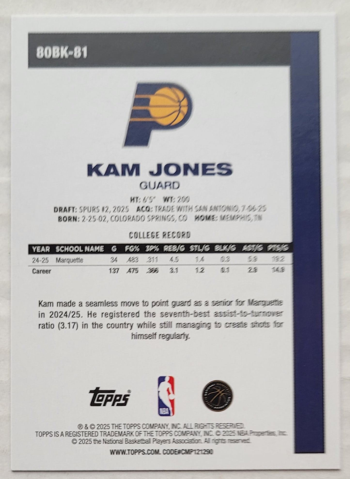Kam Jones - 2025-26 Topps '80-81 Topps #80BK81 RC