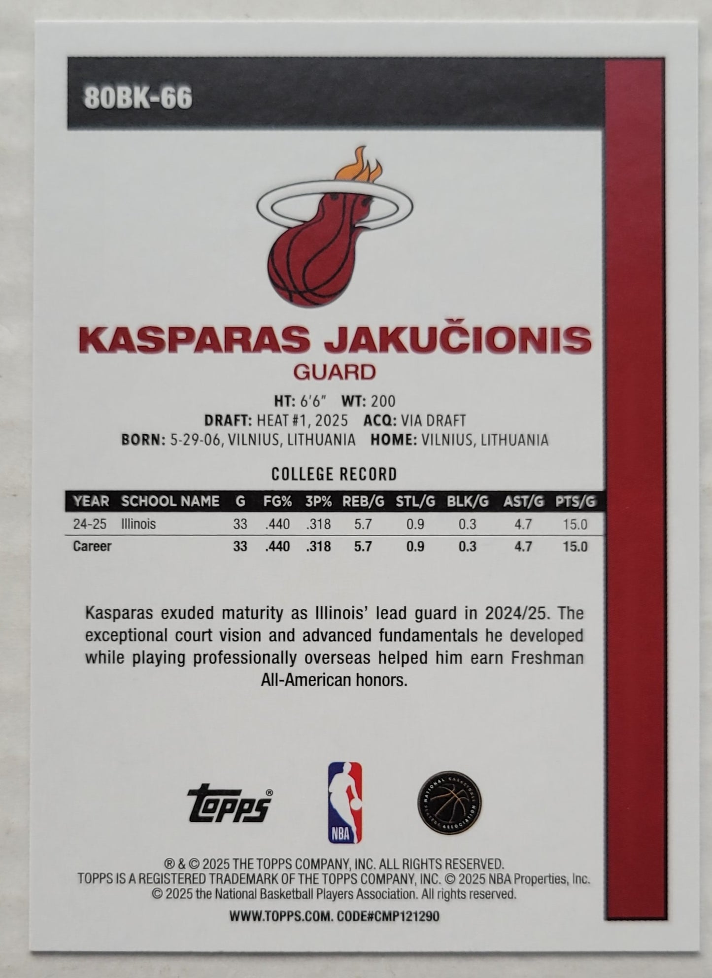 Kasparas Jakucionis - 2025-26 Topps '80-81 Topps #80BK66 RC