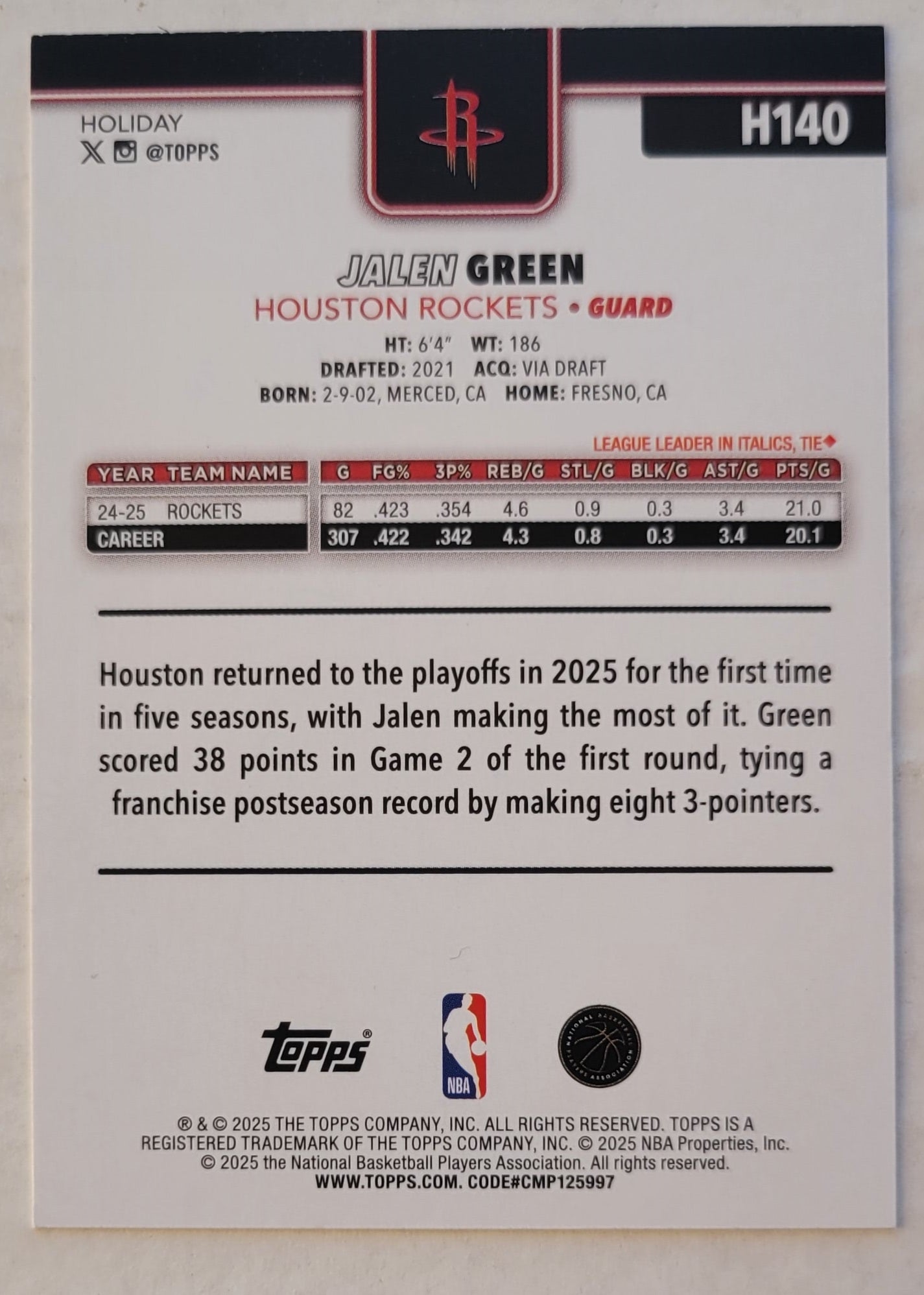 Jalen Green - 2025-26 Topps Holiday #H140