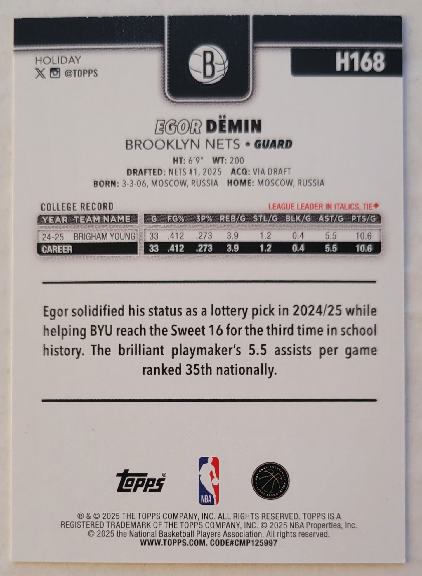 Egor Demin - 2025-26 Topps Holiday #H168 RC