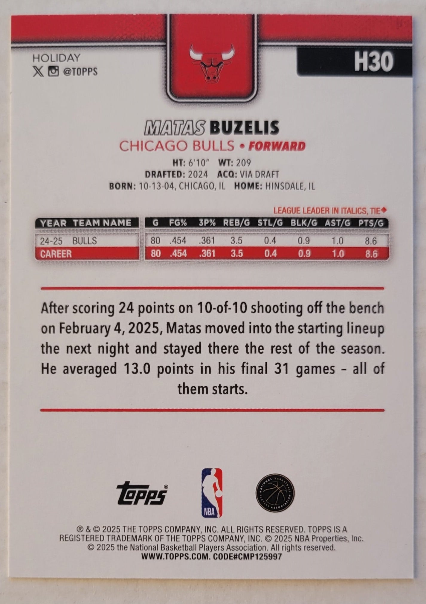 Matas Buzelis - 2025-26 Topps Holiday #H30