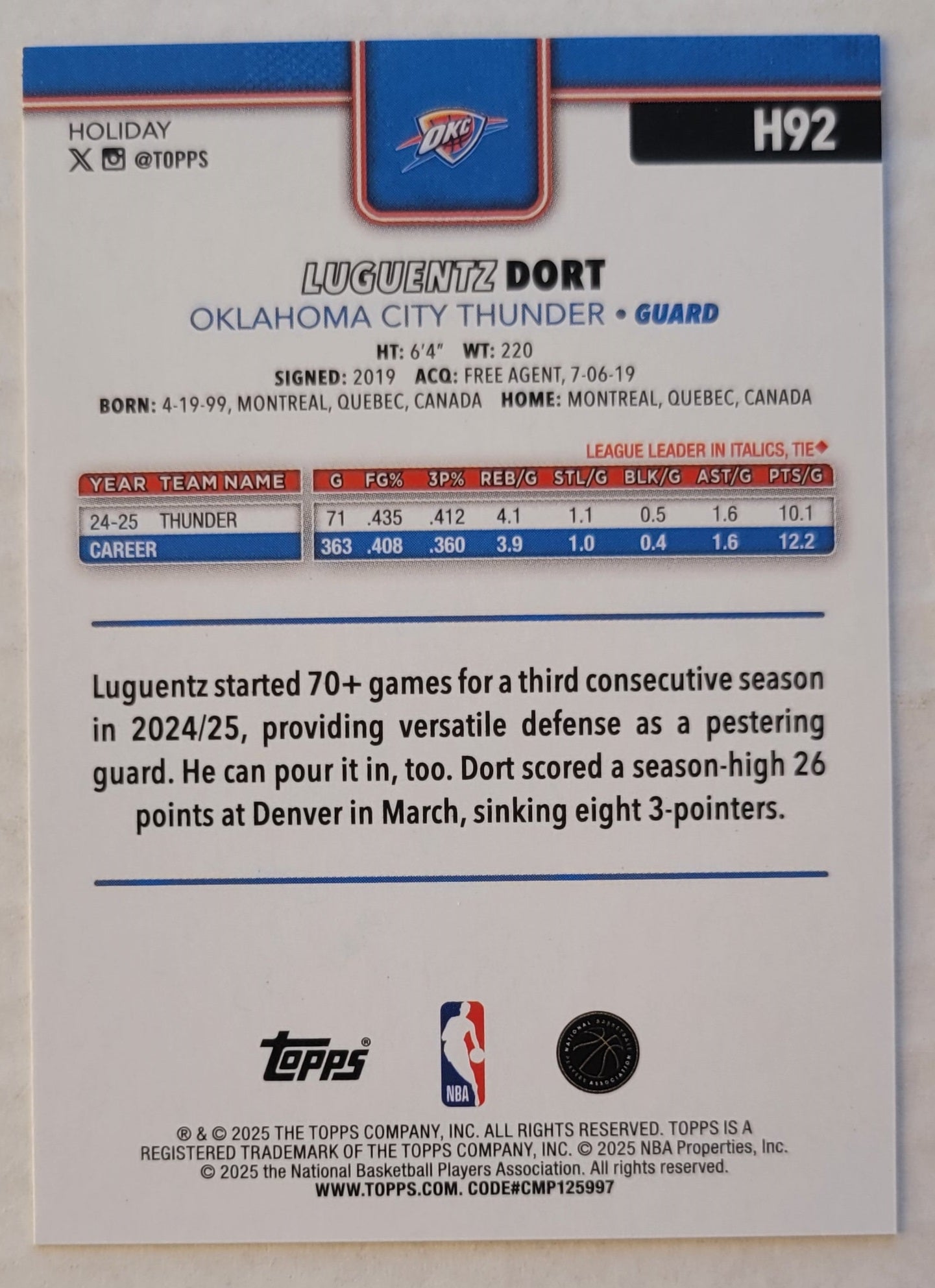 Luguentz Dort - 2025-26 Topps Holiday Plaid #H92