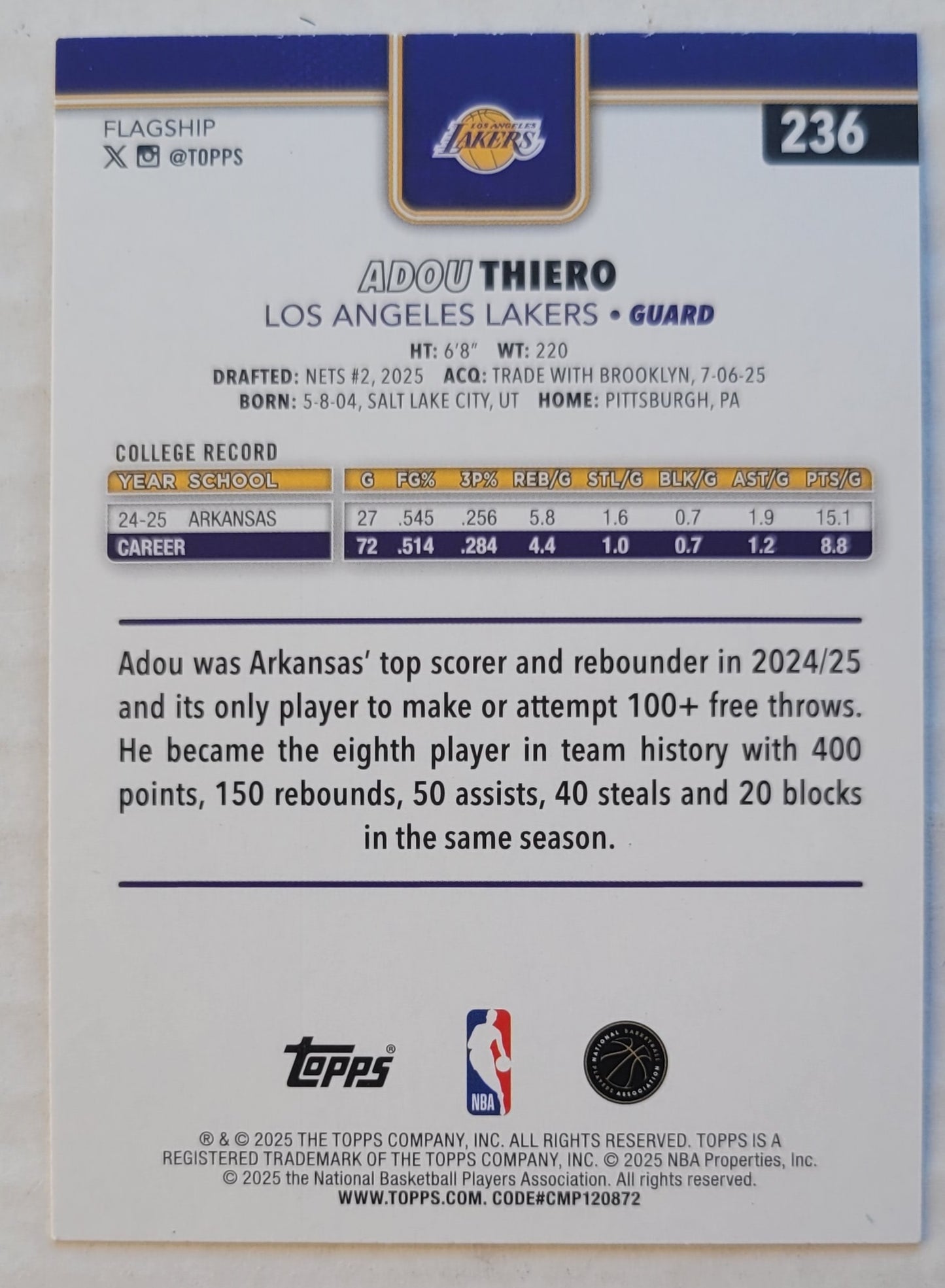 Adou Thiero - 2025-26 Topps Holo Foil #236 RC