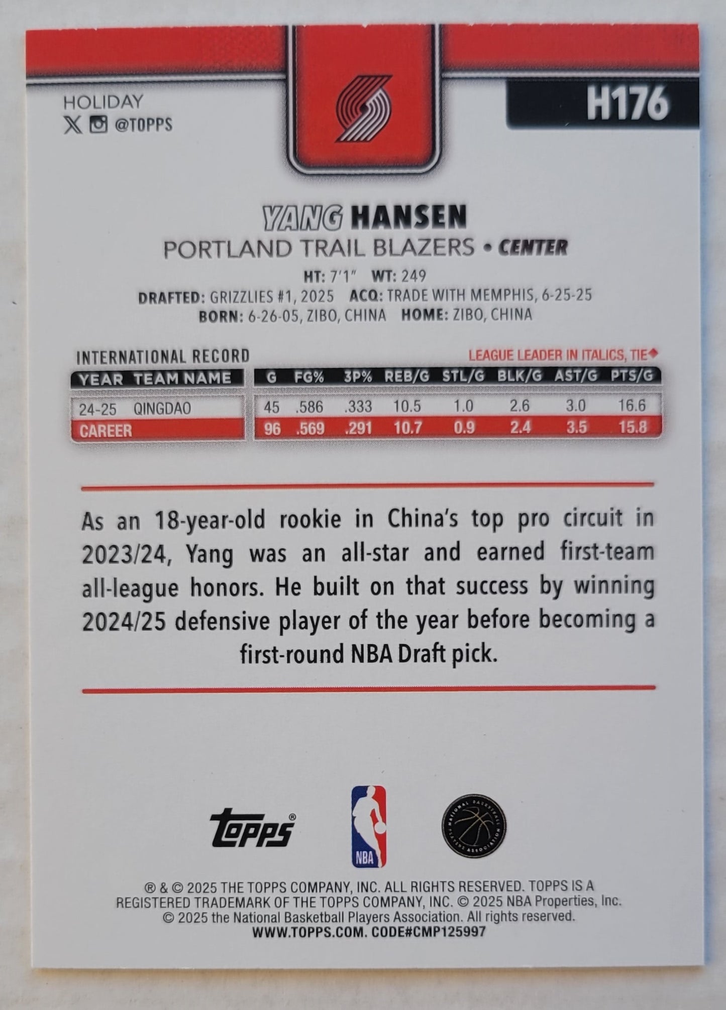Yang Hansen - 2025-26 Topps Holiday #H176 RC