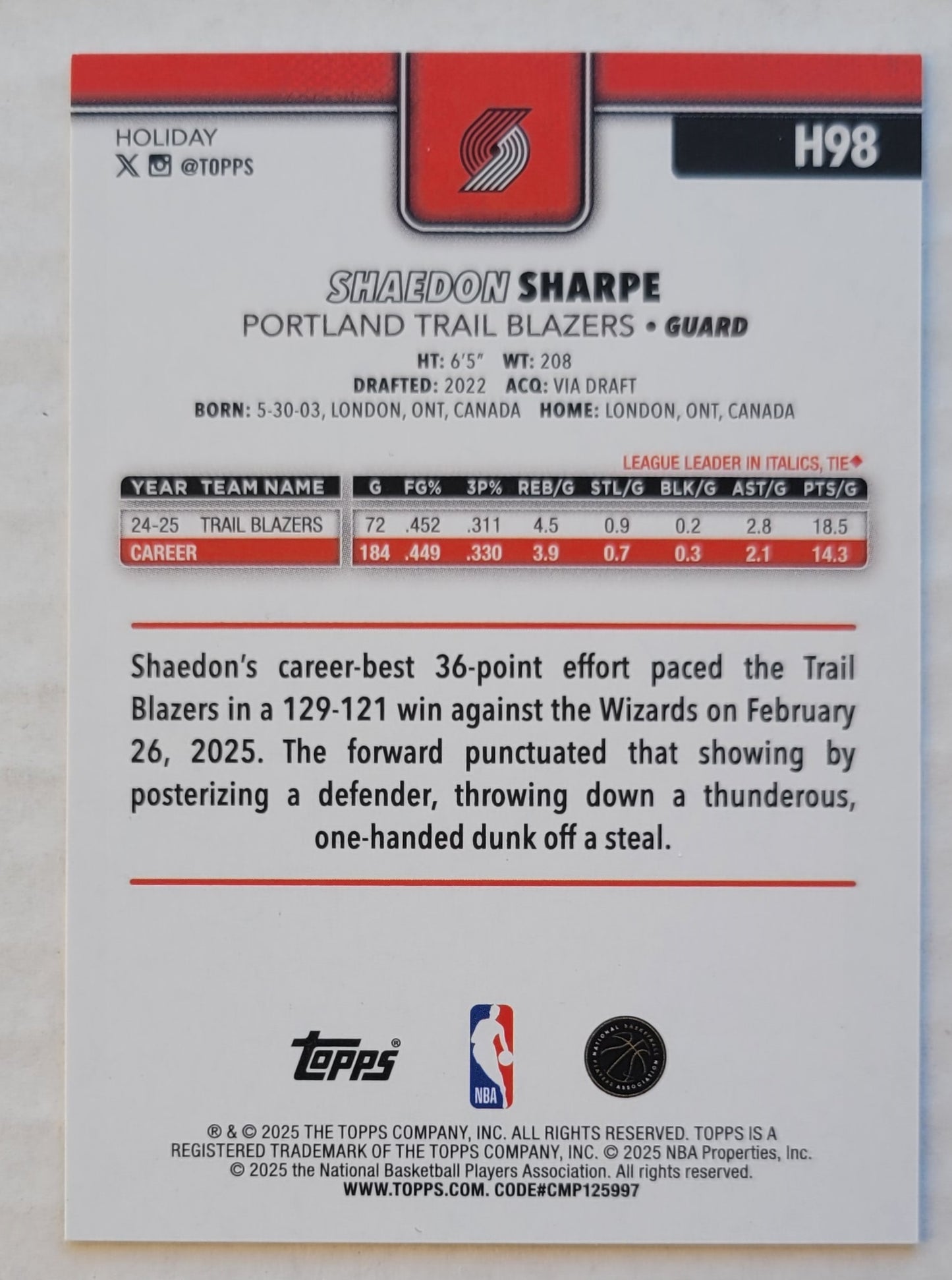 Shaedon Sharpe - 2025-26 Topps Holiday Plaid #H98
