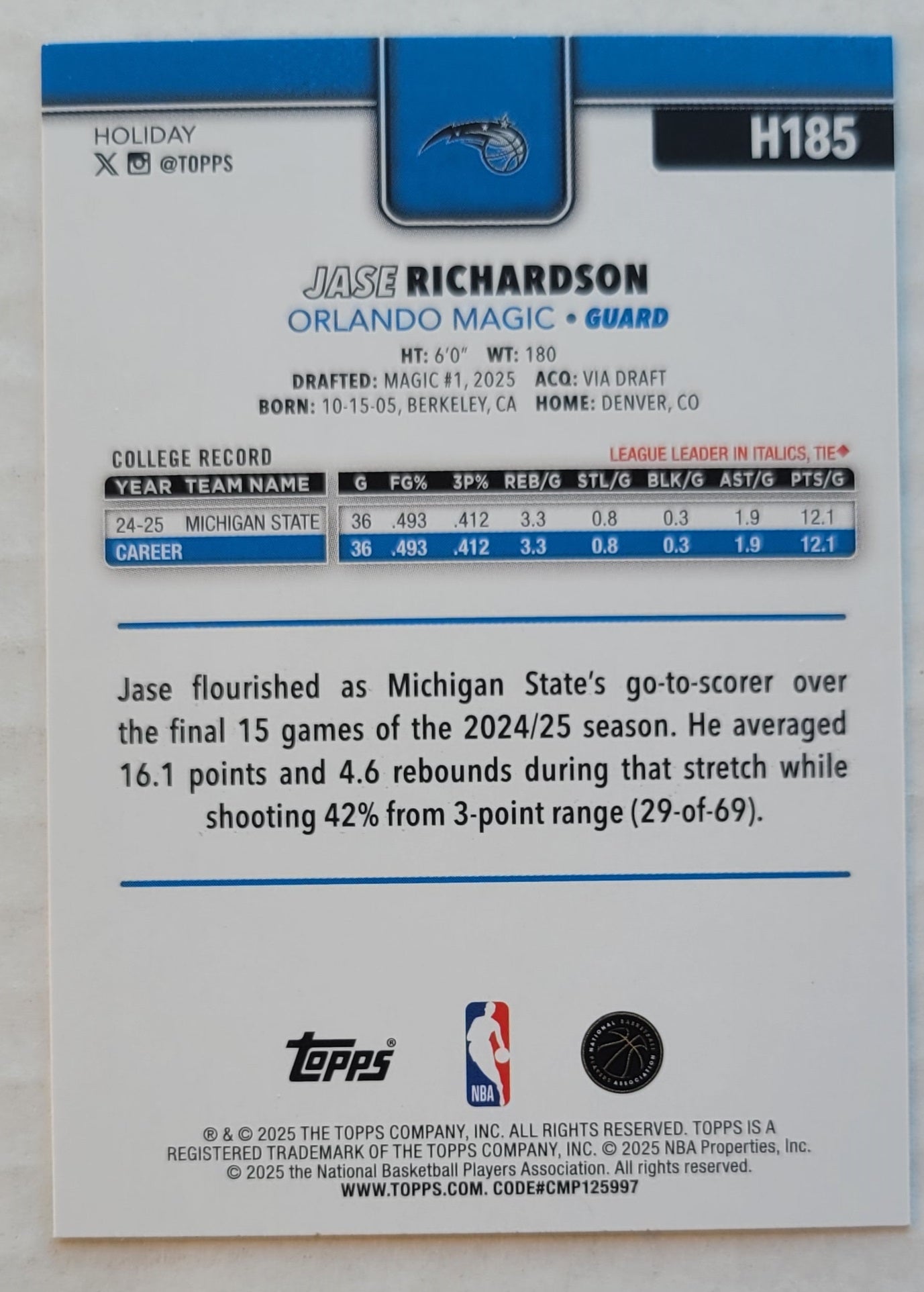 Jase Richardson - 2025-26 Topps Holiday Plaid #H185 RC
