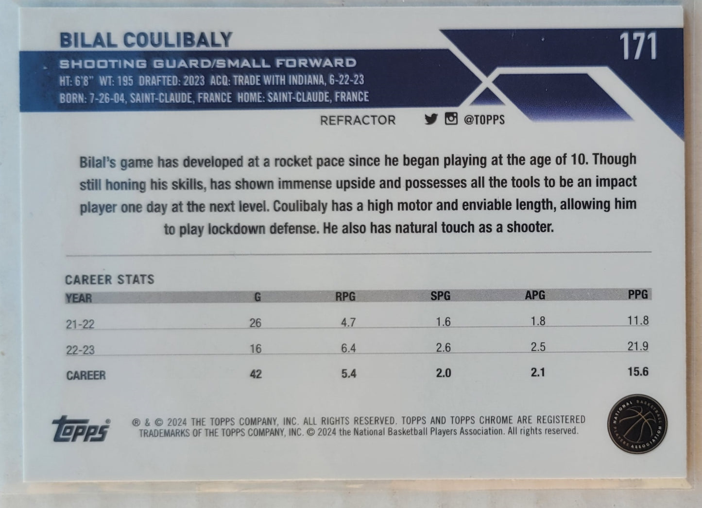 Bilal Coulibaly - 2023-24 Topps Chrome Refractors #171 RC