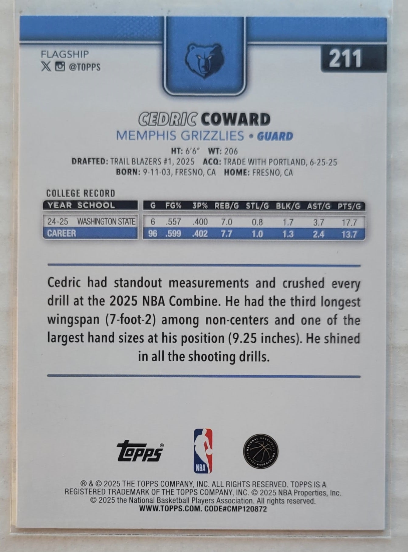 Cedric Coward - 2025-26 Topps #211 RC