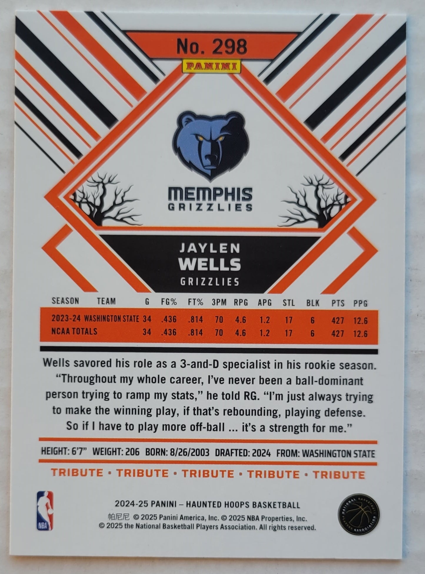 Jaylen Wells - 2024-25 Hoops Haunted Hoops Orange #298 RC