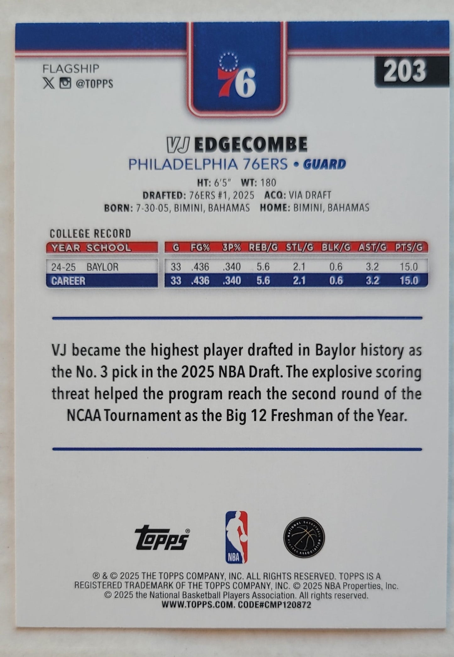 VJ Edgecombe - 2025-26 Topps #203 RC