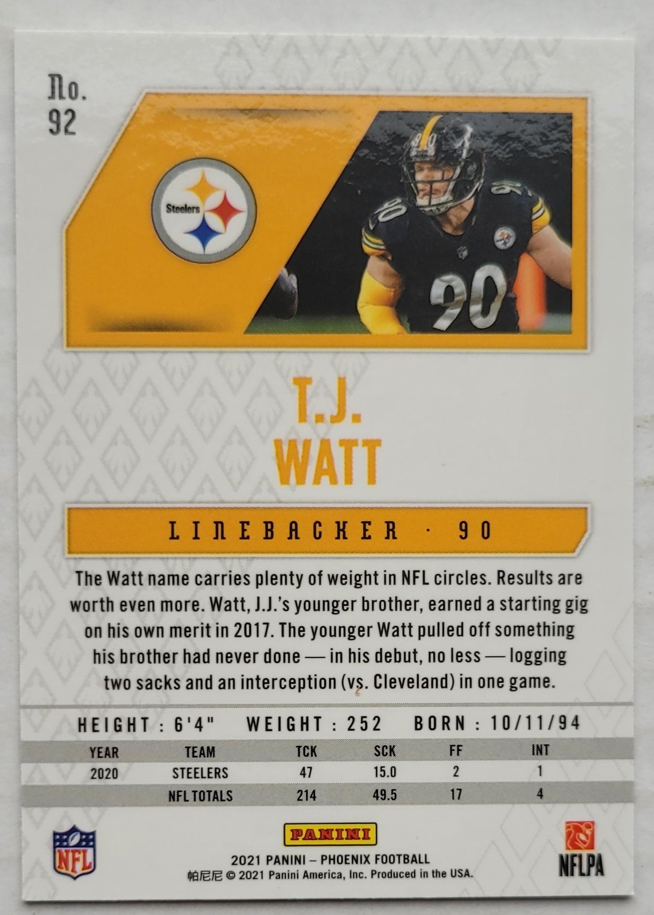 T.J. Watt - 2021 Panini Phoenix #92