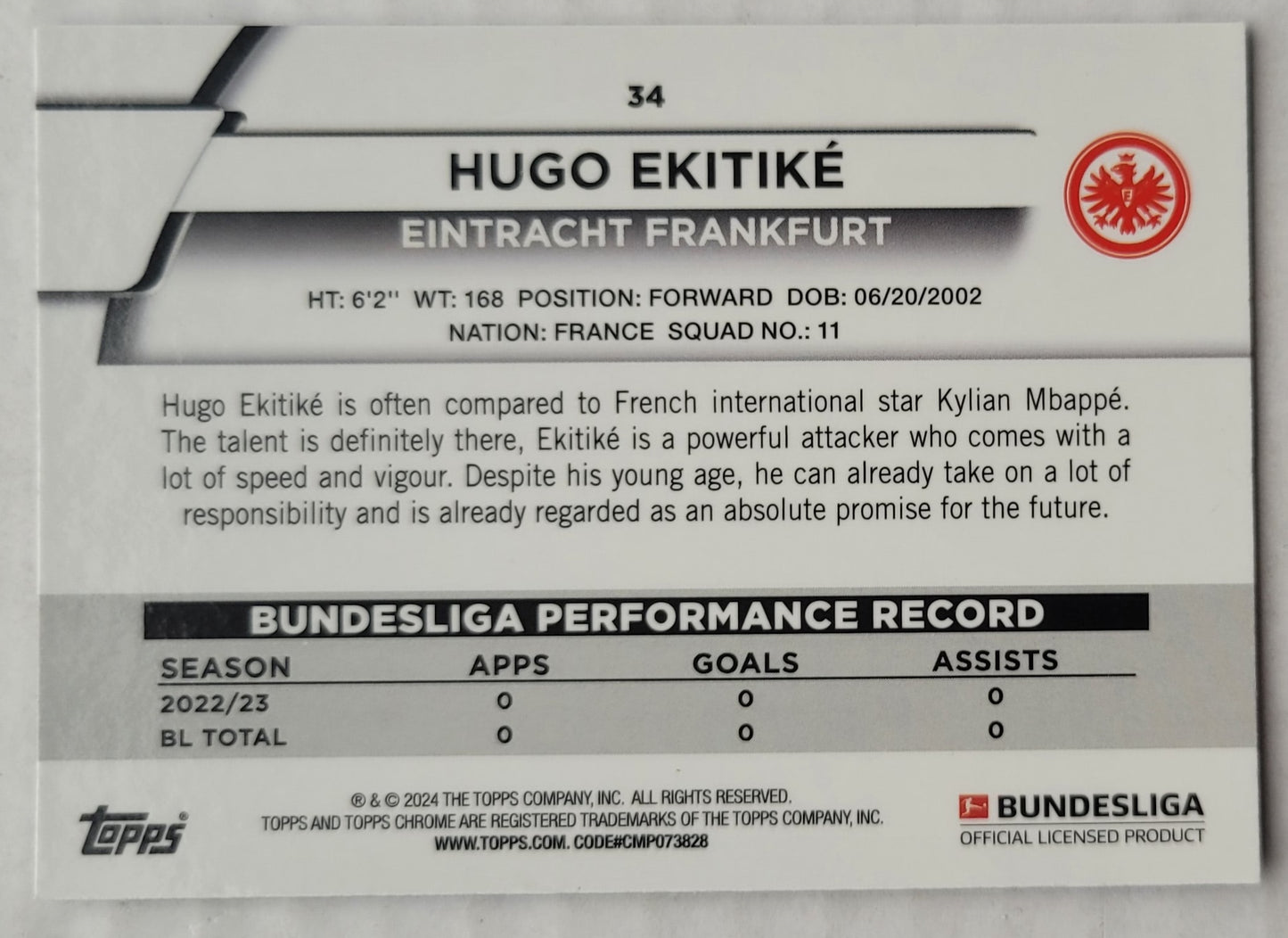 Hugo Ekitike - 2023-24 Topps Chrome Sapphire Bundesliga #34