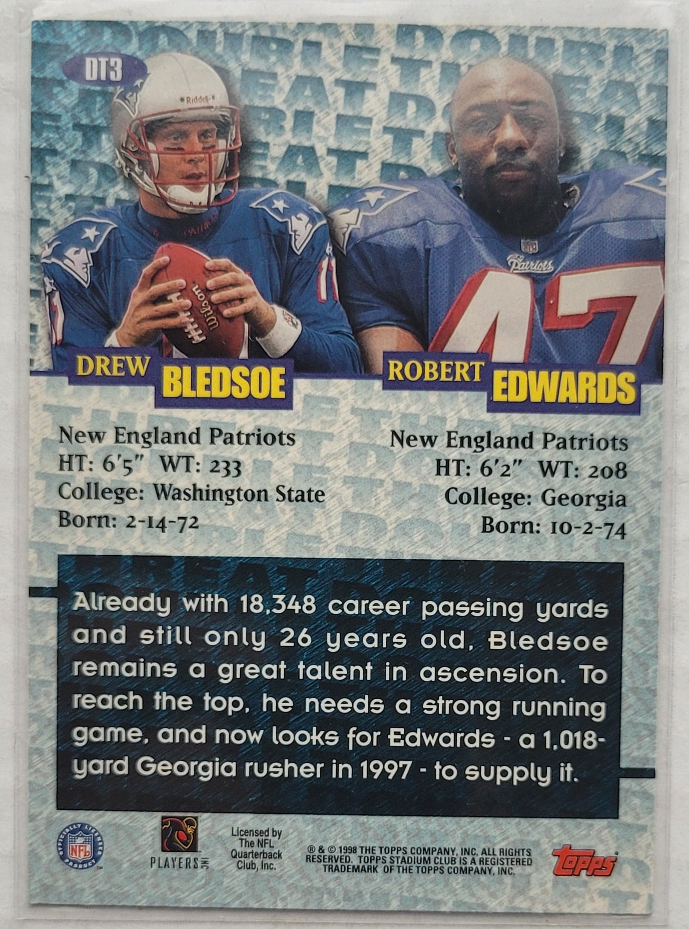 Drew Bledsoe / Robert Edwards - 1998 Stadium Club Double Threat #DT3