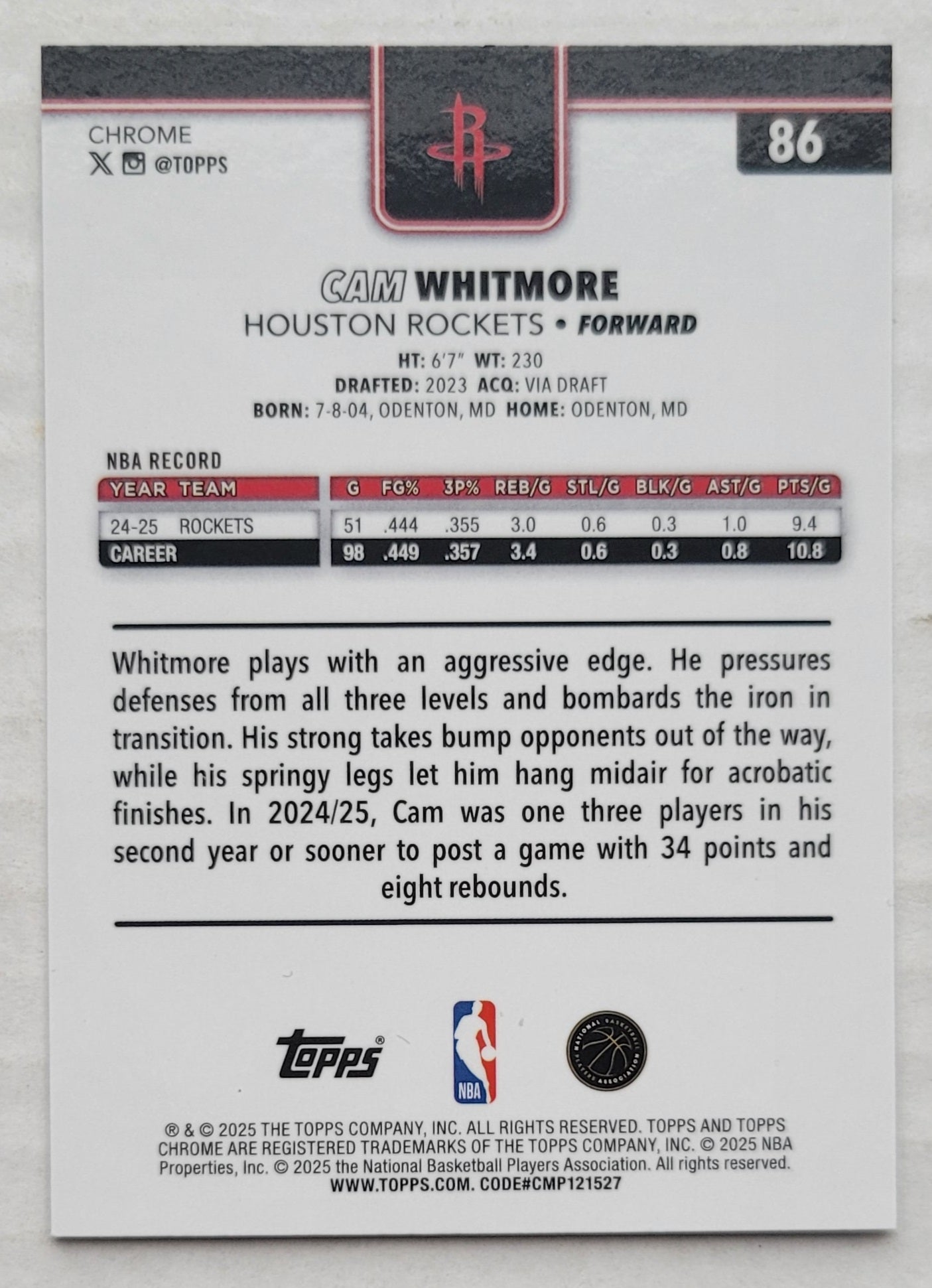Cam Whitmore - 2025-26 Topps Chrome #86