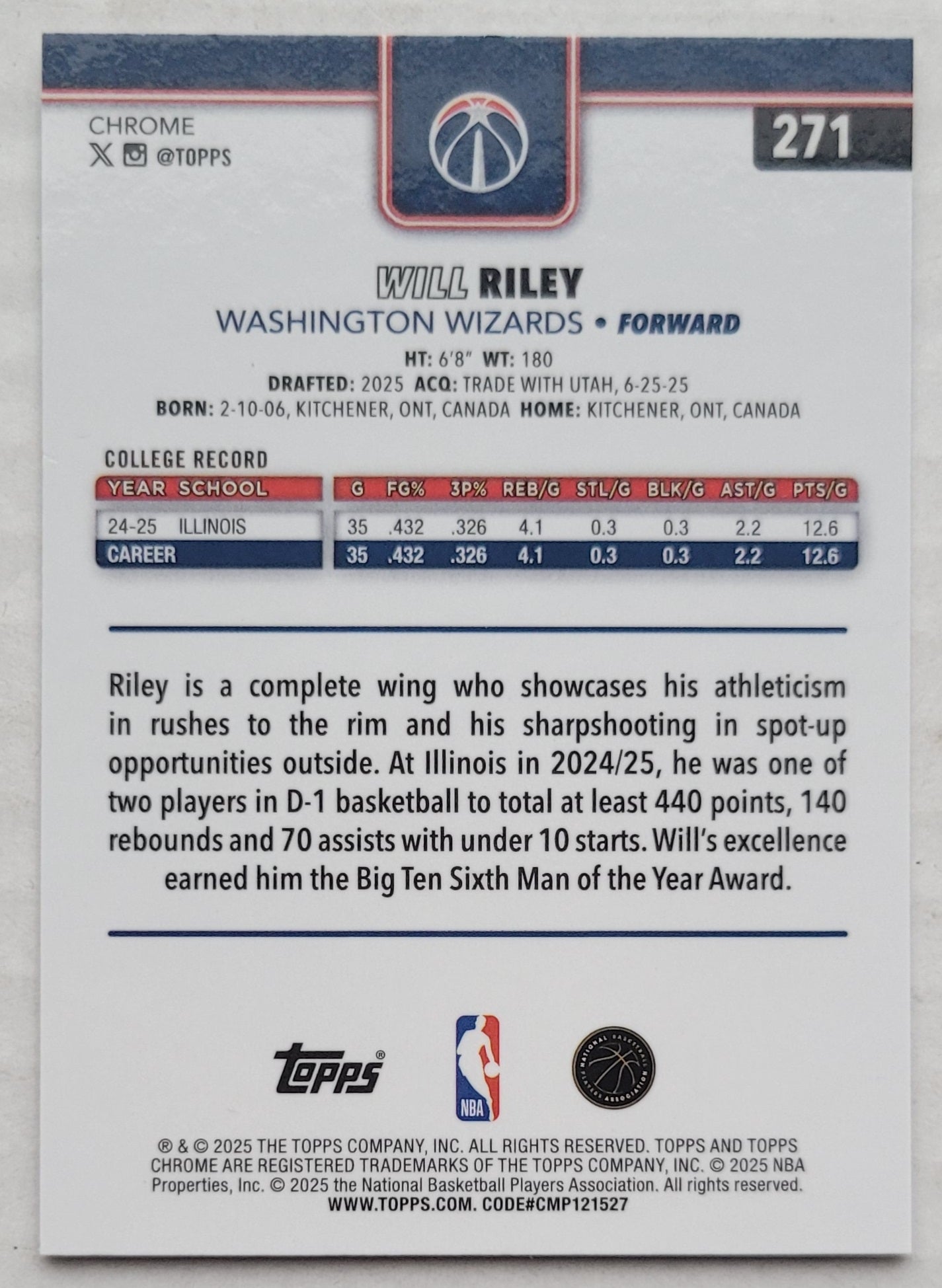 Will Riley - 2025-26 Topps Chrome #271 RC