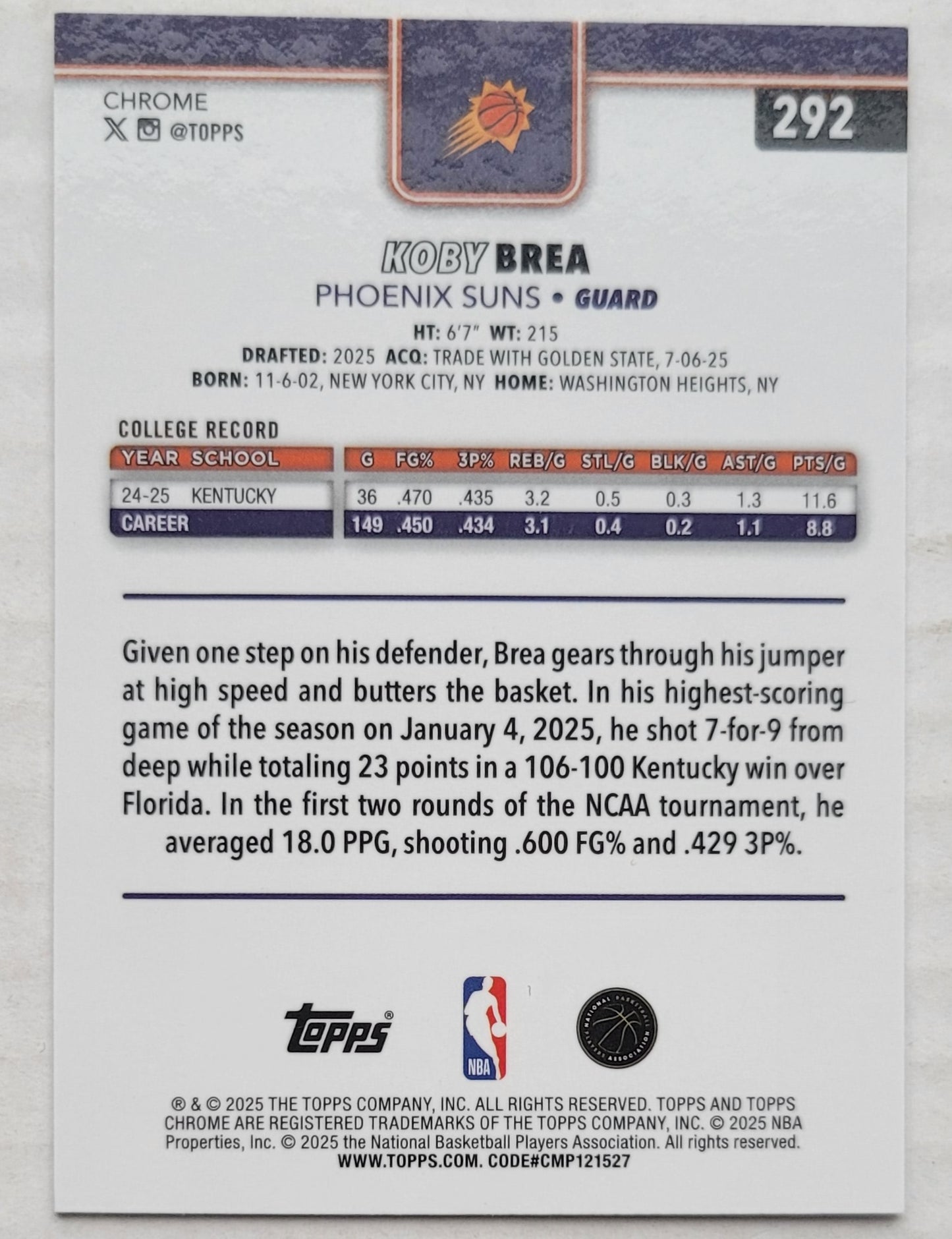 Koby Brea - 2025-26 Topps Chrome #292 RC