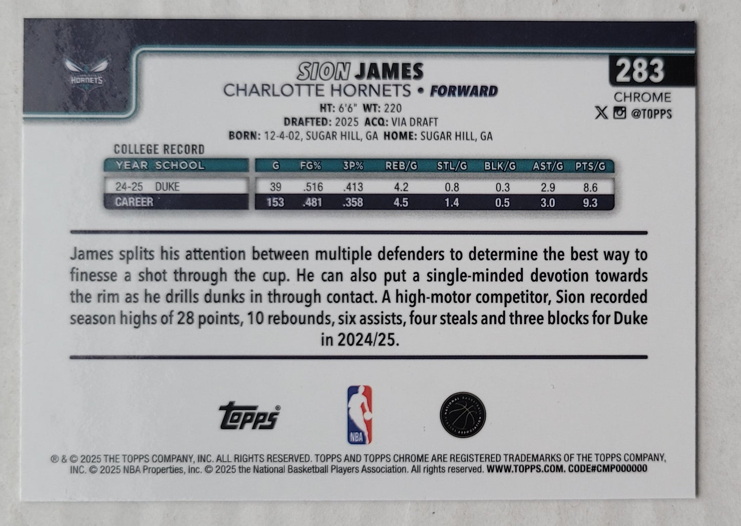 Sion James - 2025-26 Topps Chrome #283 RC